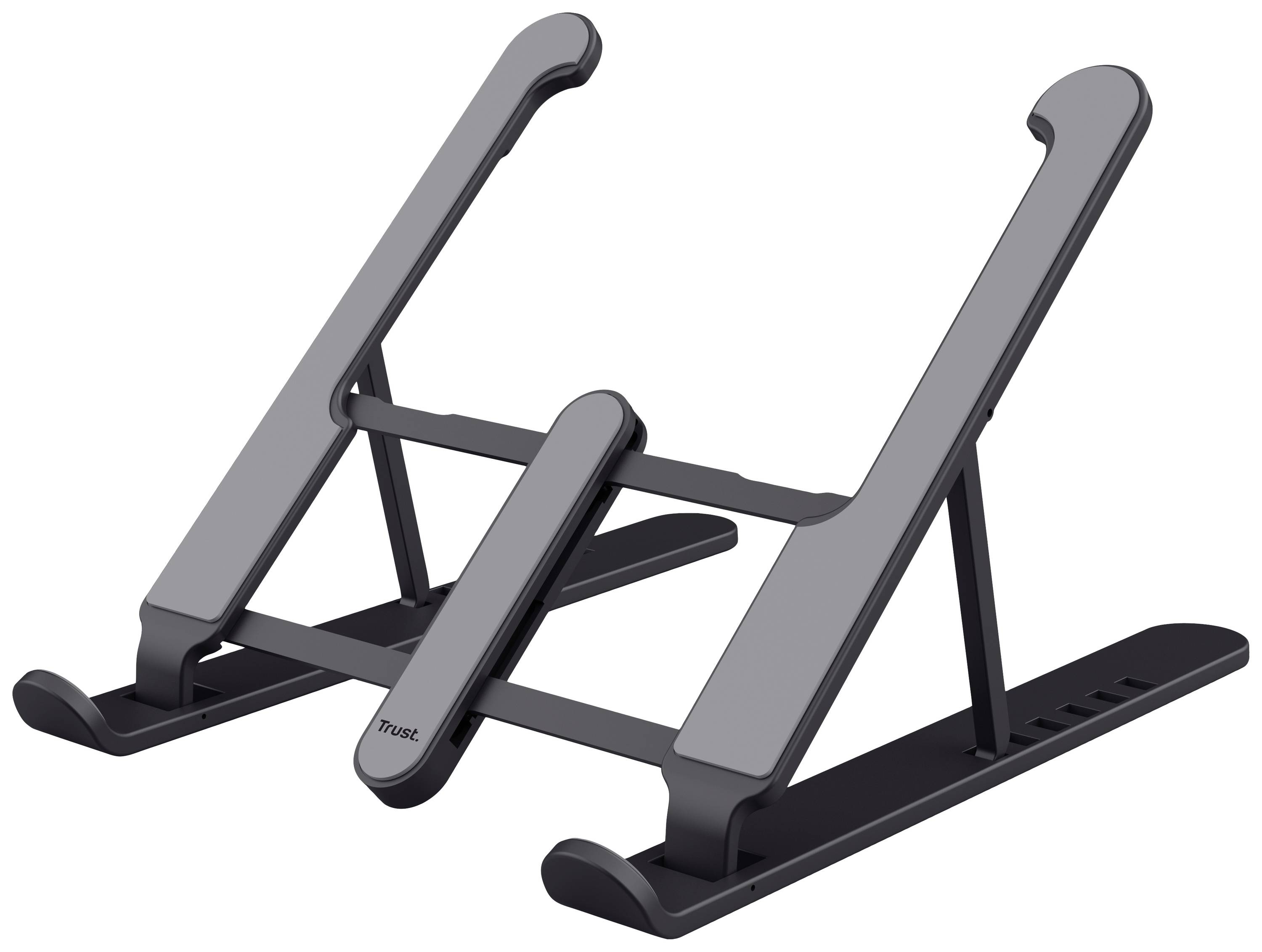 Stojak na laptopa z metalu, czarny, regulowany, bezpiecznie trzyma laptopy pod różnymi kątami, poprawiając ergonomiczną pozycję.