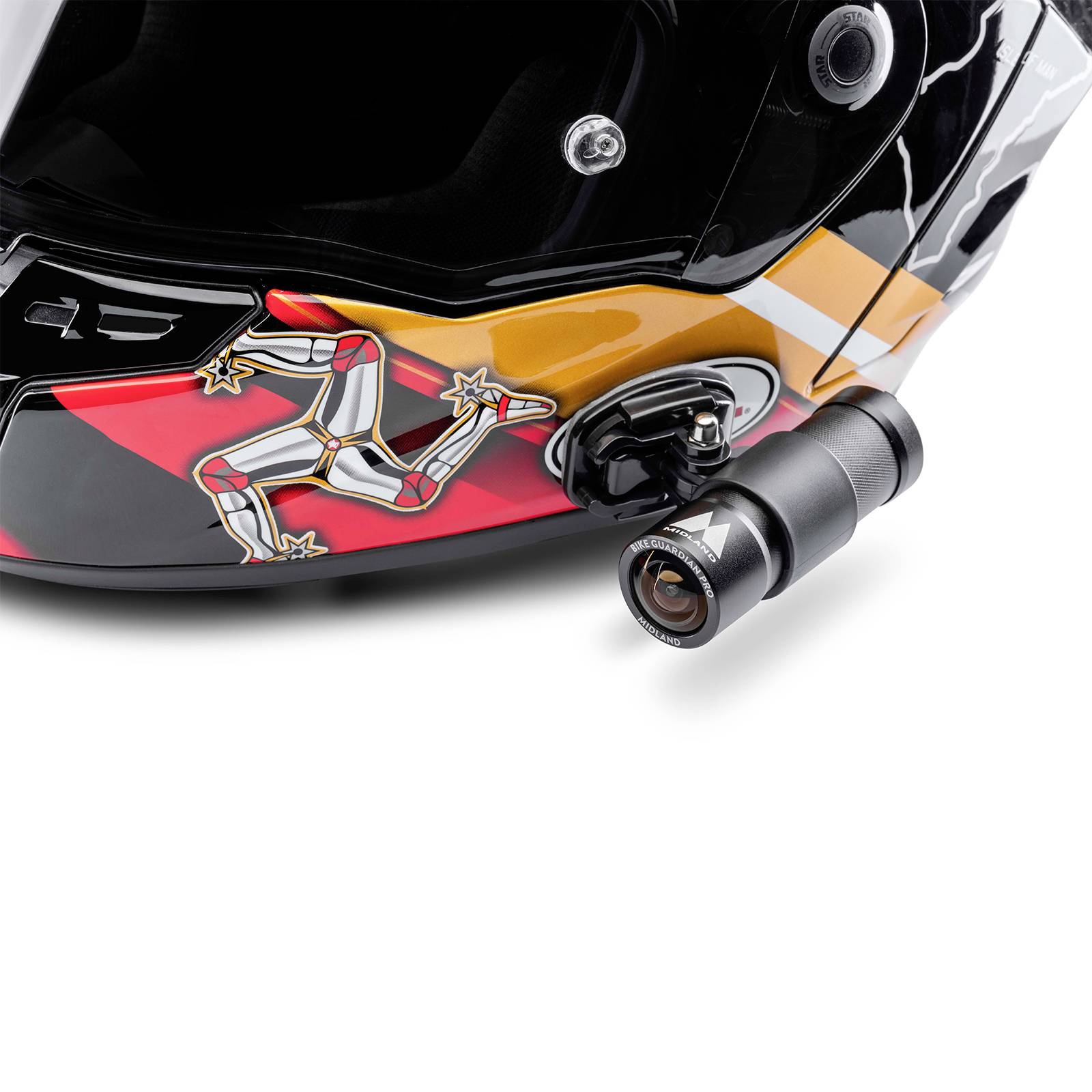 Kask motocyklowy z flagą Wyspy Man, prezentujący czerwone, żółte i białe kolory oraz symbol Triskelion.