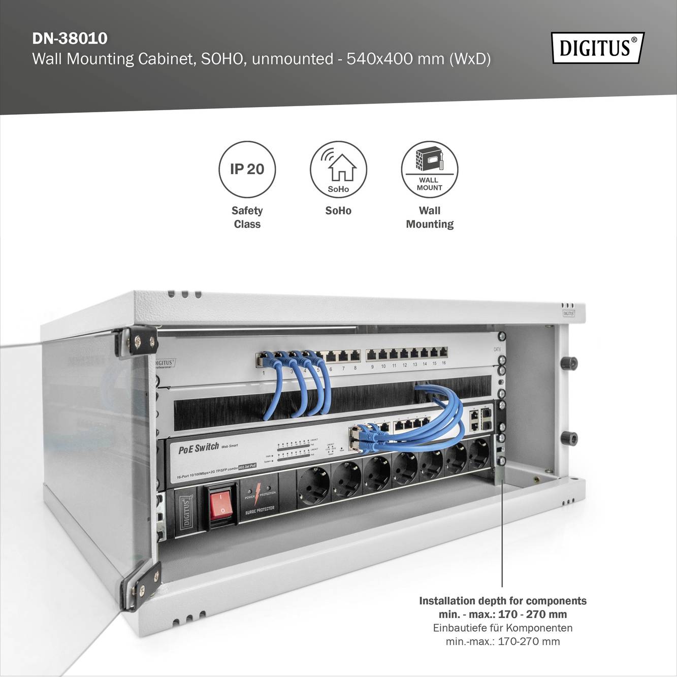 Naścienna szafa dystrybucyjna do biura (SOHO), niezmontowana, o wymiarach 540x400 mm. Zawiera komponenty sieciowe i zasilające, stopień ochrony IP 20.