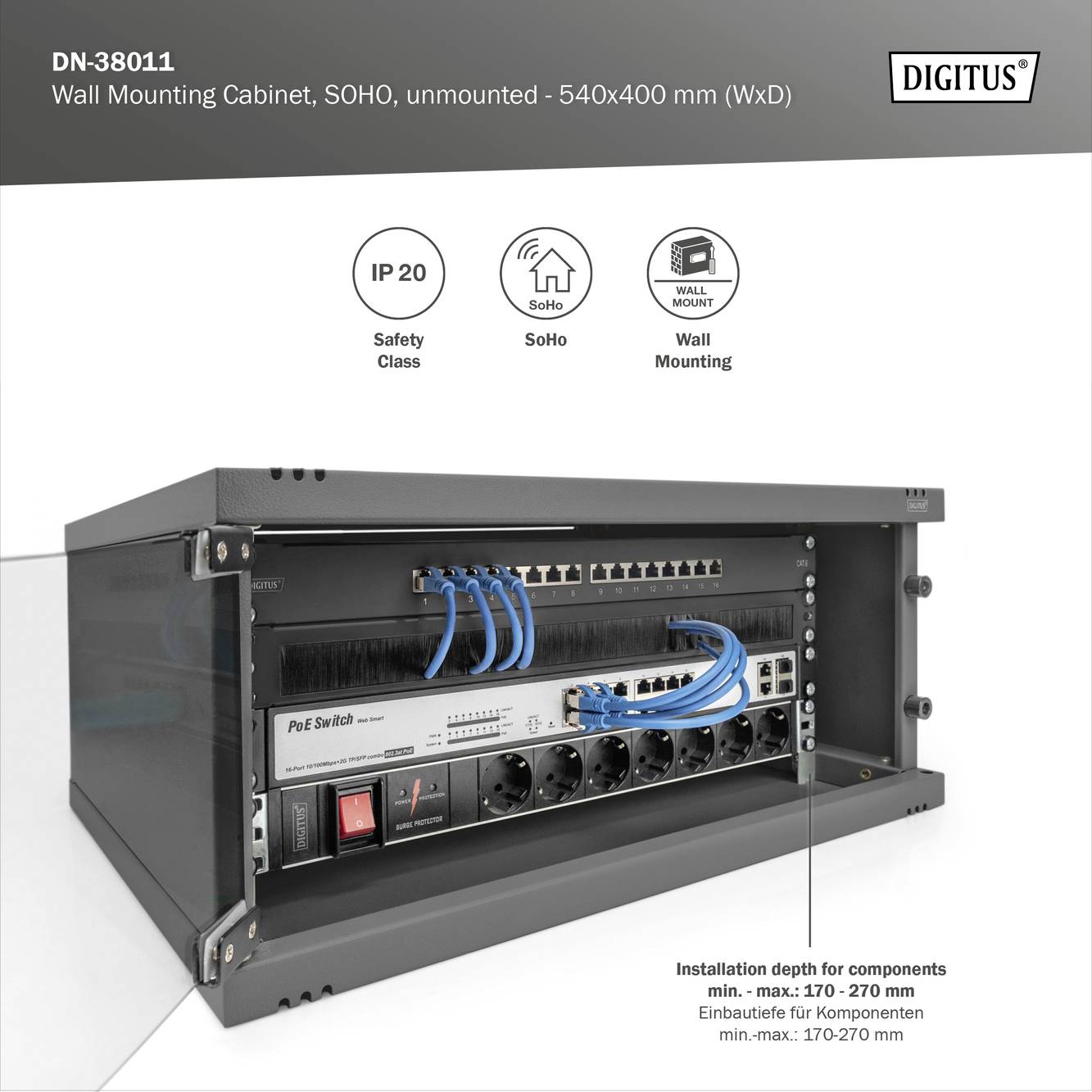 Szafa naścienna do prowadzenia okablowania, niemontowana, wymiary 540x400 mm. Zawiera switch sieciowy i kable. Stopień ochrony IP20, odpowiednia dla małych biur i użytku domowego (SOHO).