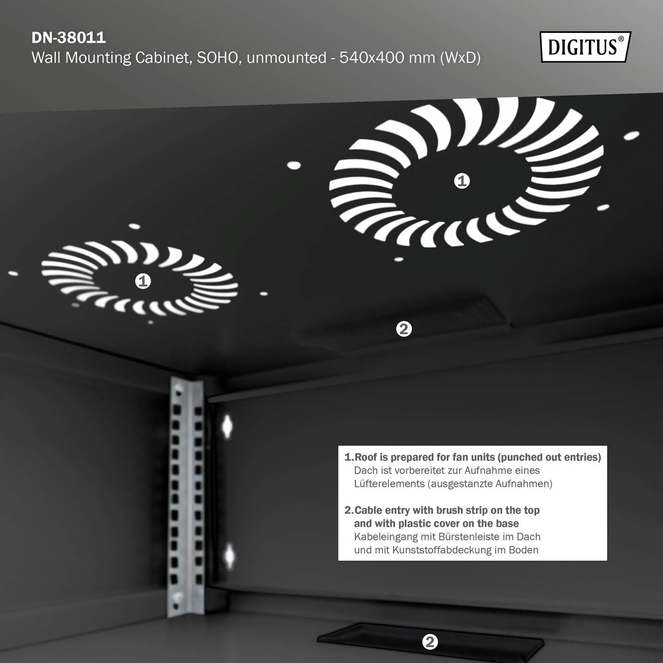 Naścienna szafa rozdzielcza z widocznym dachem, wyposażona w wentylację i plastykowe przykrycie na podstawie. Napis 'DN-38011'.