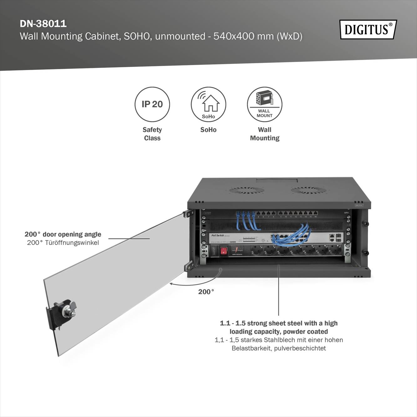 Naścienna szafa sieciowa, niemontowana, wymiary: 540x400 mm. Otwierana pod kątem 200 stopni. Stopień zabezpieczenia IP20.