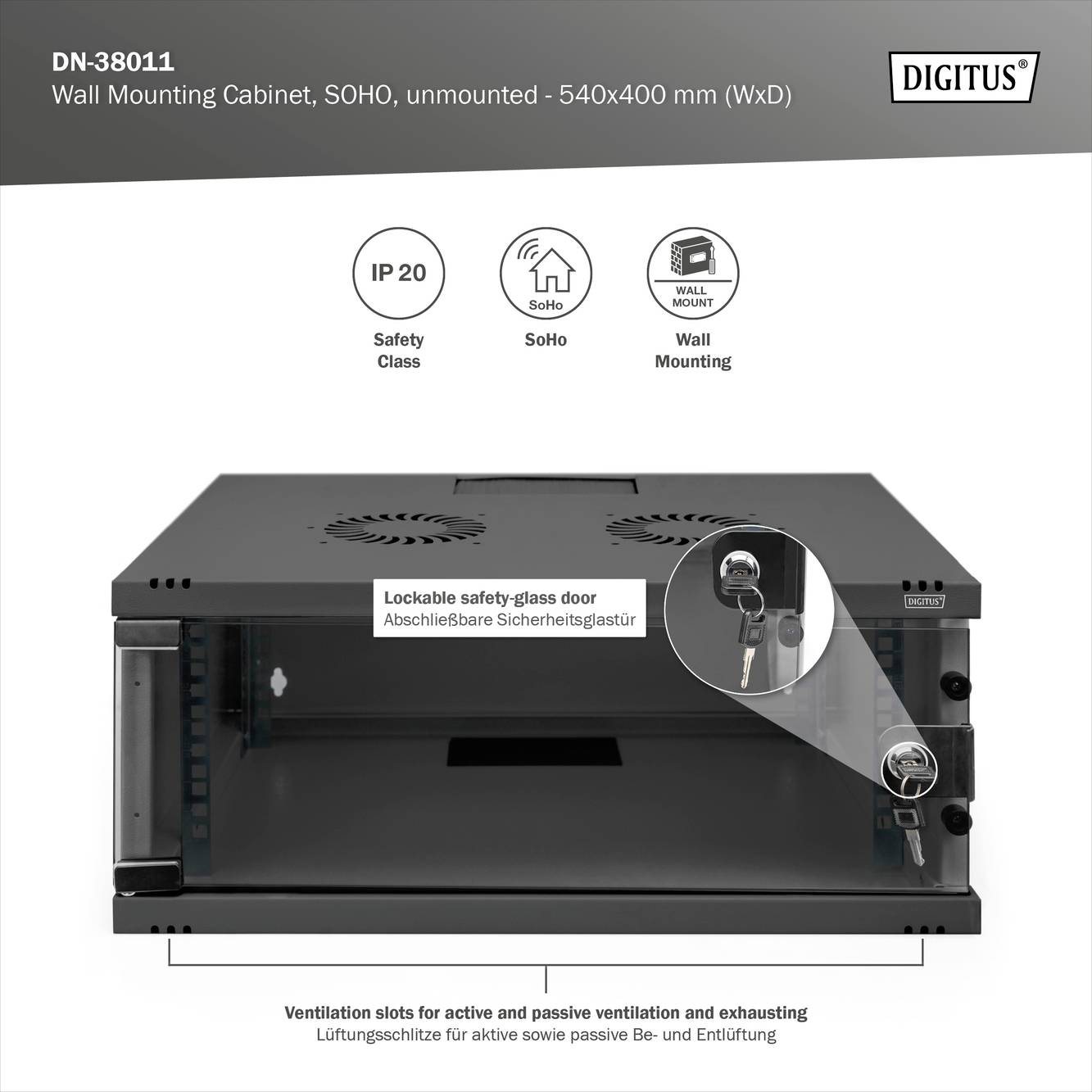 Szafka naścienna w kolorze czarno-szarym z drzwiczkami z bezpiecznego szkła. Wymiary: 540x400 mm. Odpowiednia do zastosowań związanych z bezpieczeństwem, do biura domowego oraz montażu ściennego.