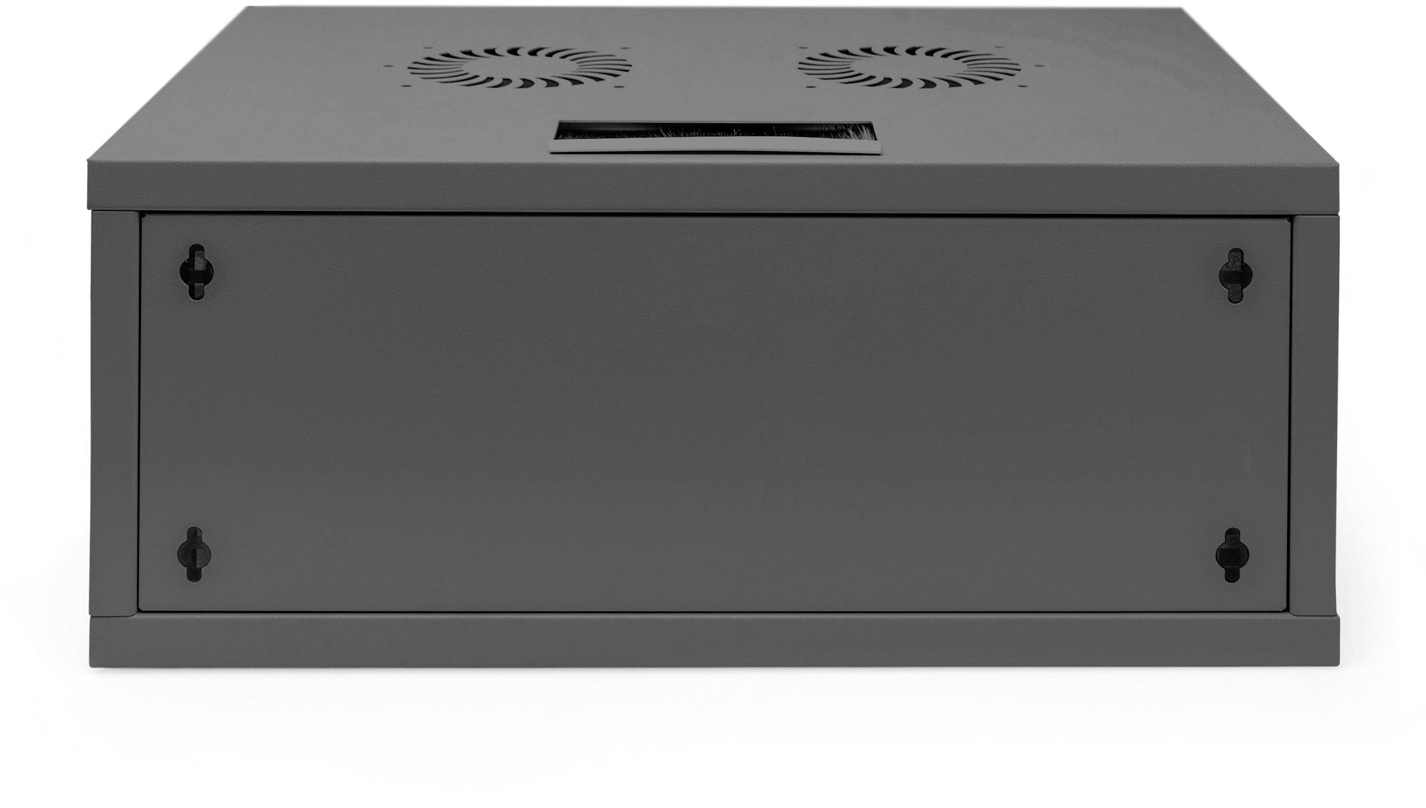 Szary, prostokątny metalowy pojemnik z dwoma otworami wentylacyjnymi u góry. Używany do bezpiecznego przechowywania urządzeń technicznych.