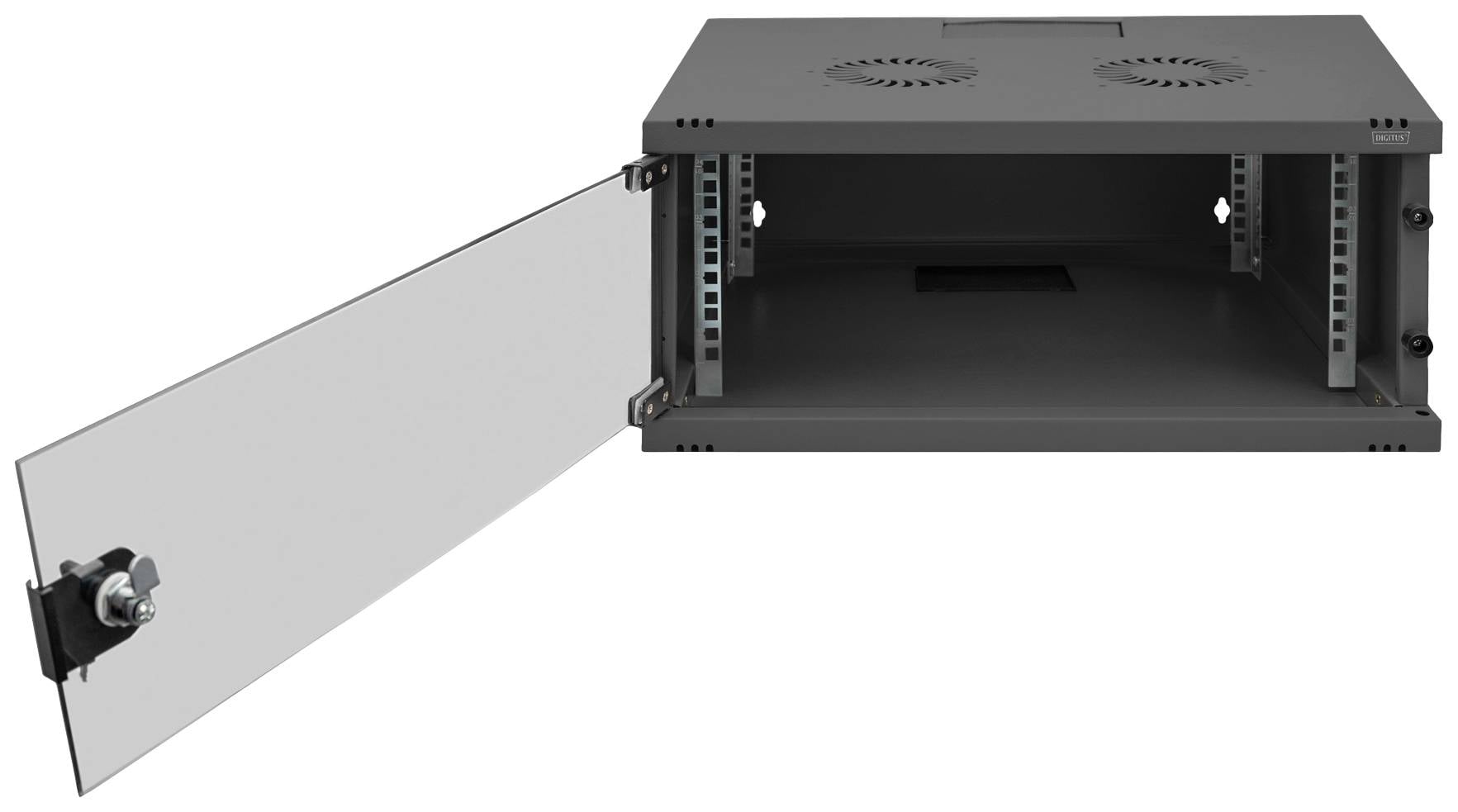 Czarny metalowy szafa serwerowa z przezroczystymi drzwiami. Z tyłu znajdują się wentylowane otwory wentylacyjne.