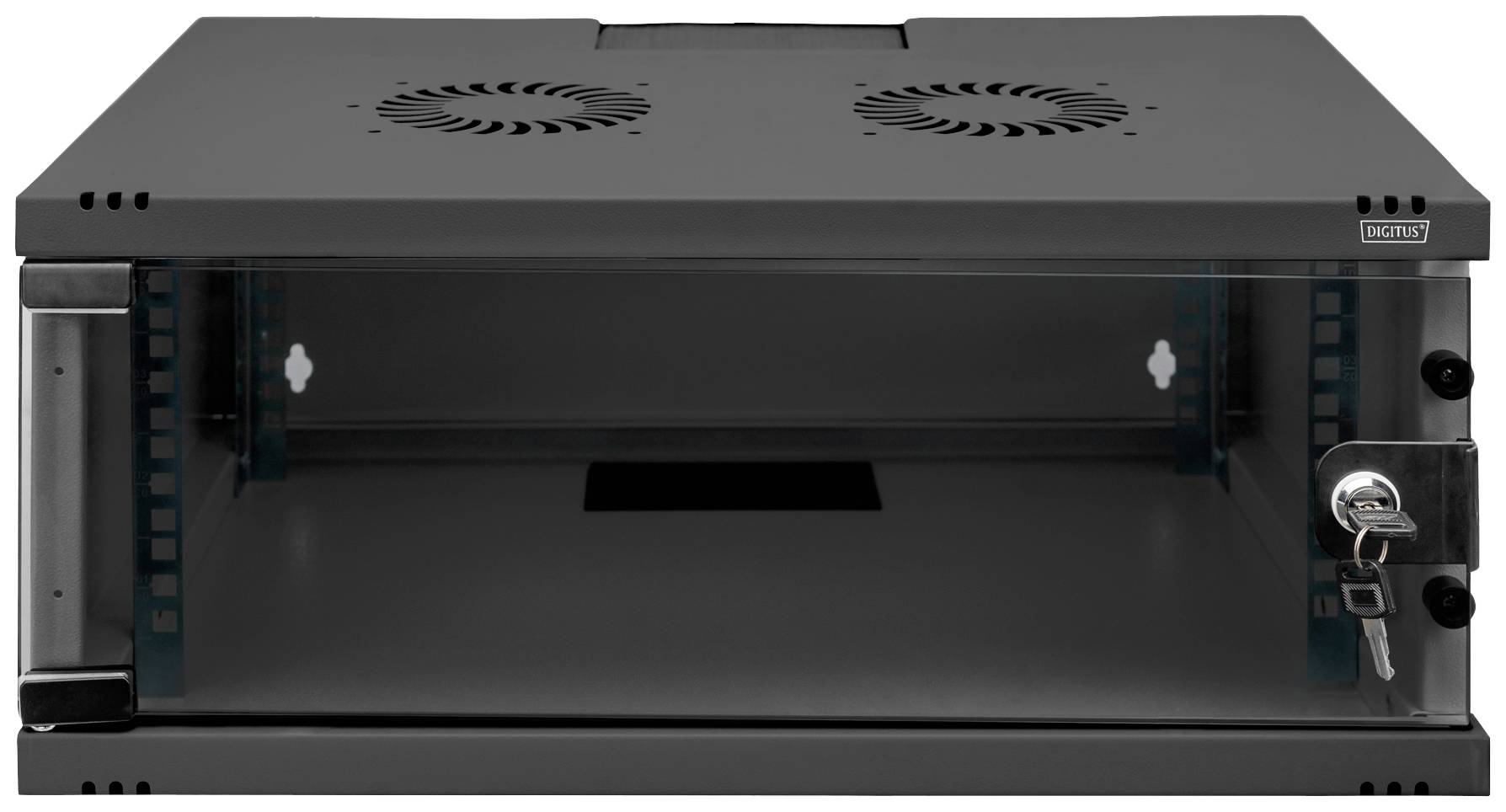 Czarna szafa sieciowa z dwoma otworami wentylacyjnymi na górze i przednią szklaną płaszczyzną zamykaną na zamek, przeznaczona do przechowywania urządzeń.