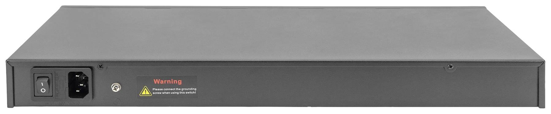 Czarny zasilacz do szafy rack z włącznikiem sieciowym i naklejką ostrzegawczą. Zaprojektowany do montażu w obudowach serwerów lub urządzeń sieciowych.