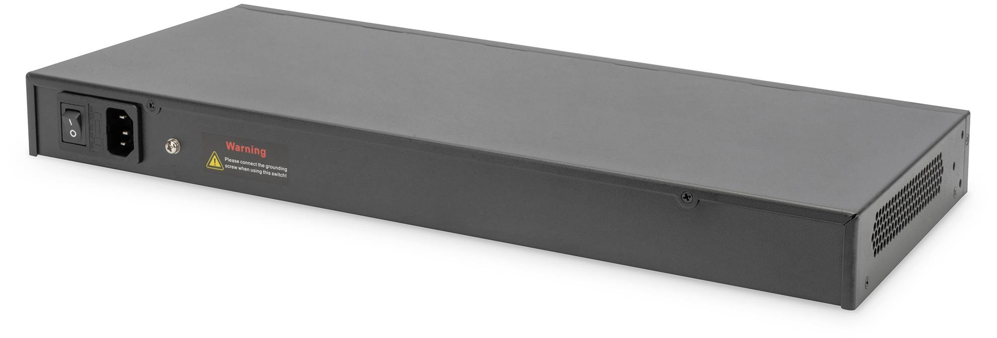 Czarny, prostokątny, elektroniczny sprzęt z przyłączami i otworami wentylacyjnymi. Napis: 'Warning' na czerwono.