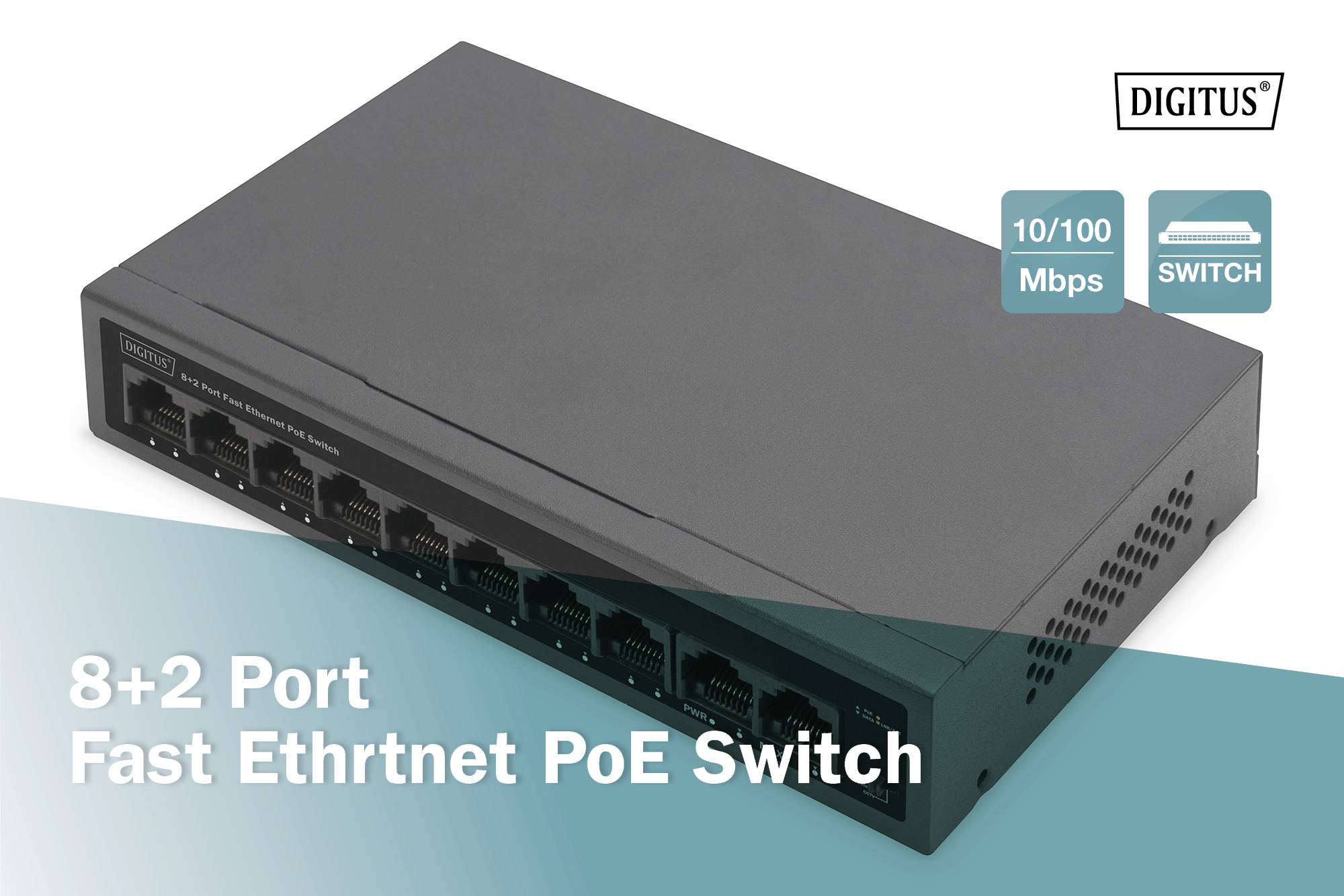 Czarny switch sieciowy z napisem '8+2 Portowy Switch Fast Ethernet PoE' oraz '10/100 Mbps'.
