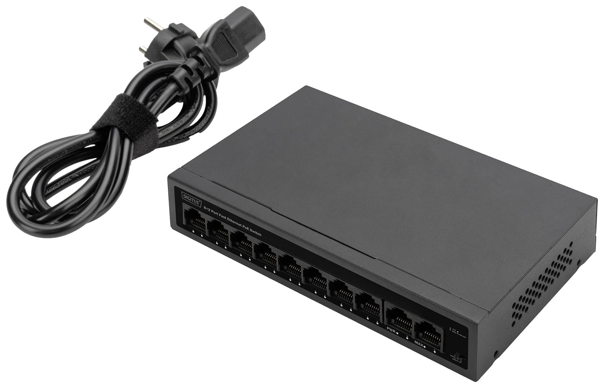 Czarny switch sieciowy z ośmioma portami Ethernet, obok czarny kabel sieciowy z wtyczką europejską.
