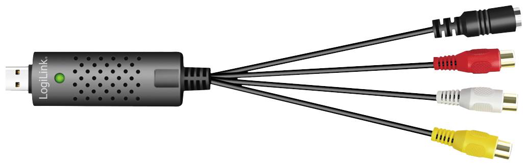 Adapter USB z czarną obudową główną oraz czterema wtyczkami RCA w kolorach czerwonym, żółtym, białym i czarnym do połączeń wideo i audio.