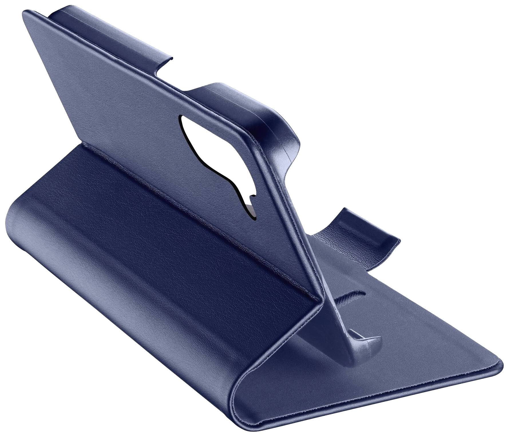 Otwarty i ustawiony pokrowiec na telefon w ciemnoniebieskim kolorze z funkcją podstawki jest rozłożony.