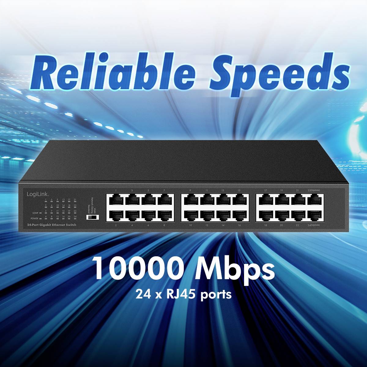 Przełącznik sieciowy z 24 portami RJ45 i prędkością 10.000 Mb/s na rozmytym tle. Tekst 'Niezawodne prędkości'.