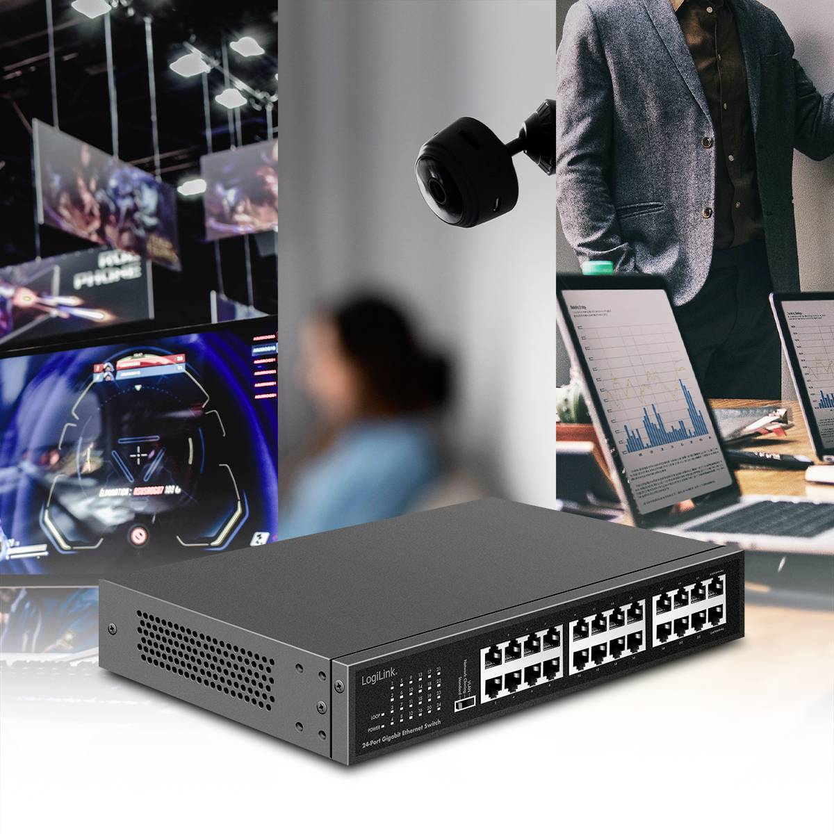 Wieloportowy switch sieciowy na pierwszym planie, w rozmytym tle sala konferencyjna z prezentacjami na ekranach.