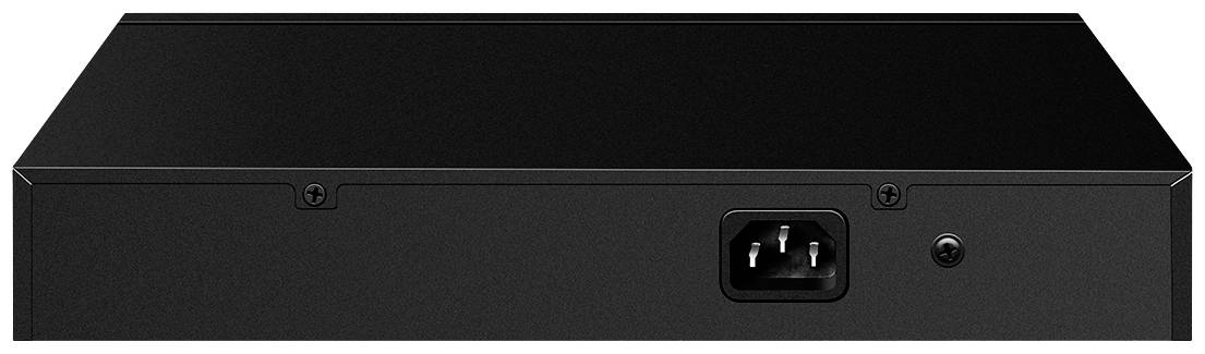 Czarny elektroniczny sprzęt z gniazdem zasilającym i włącznikiem/wyłącznikiem na tylnej części urządzenia.