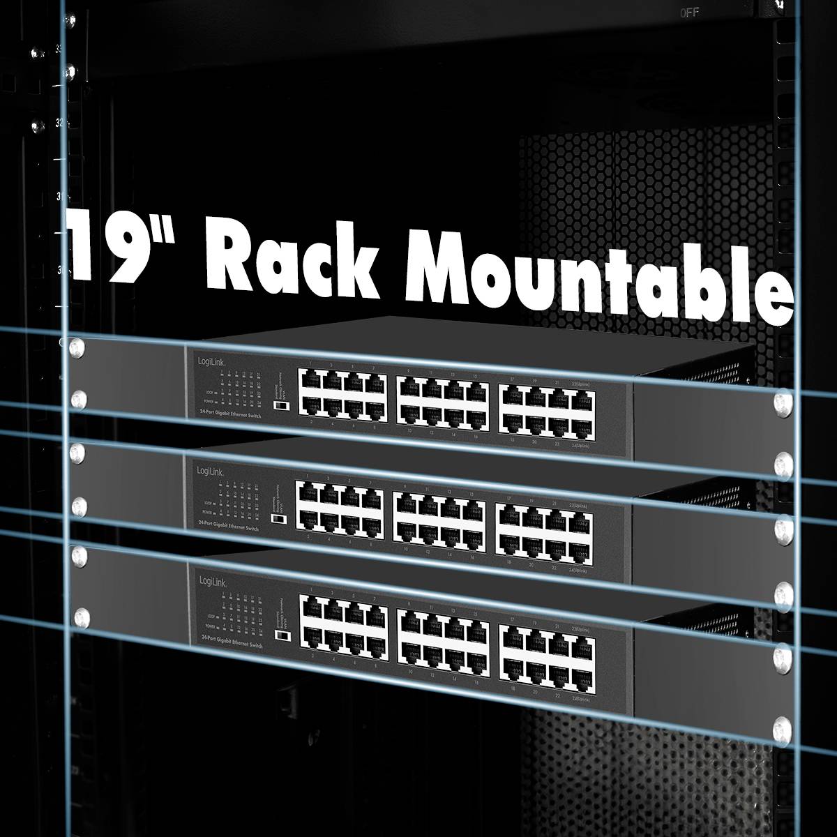 Trzy przełączniki sieciowe montowane w standardzie 19 cali w szafie serwerowej, z napisem '19" Rack Mountable'.