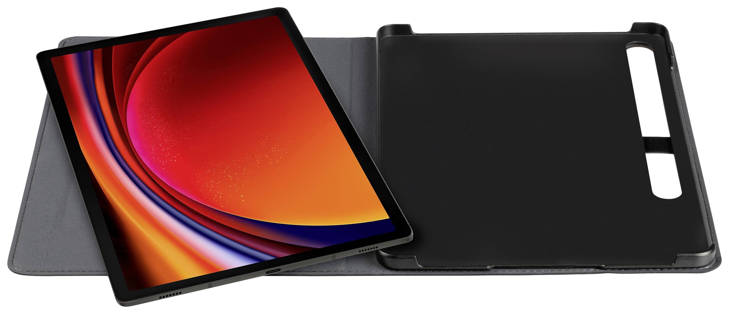 Tablet z kolorowym ekranem spoczywa częściowo w czarnym etui, które chroni urządzenie.