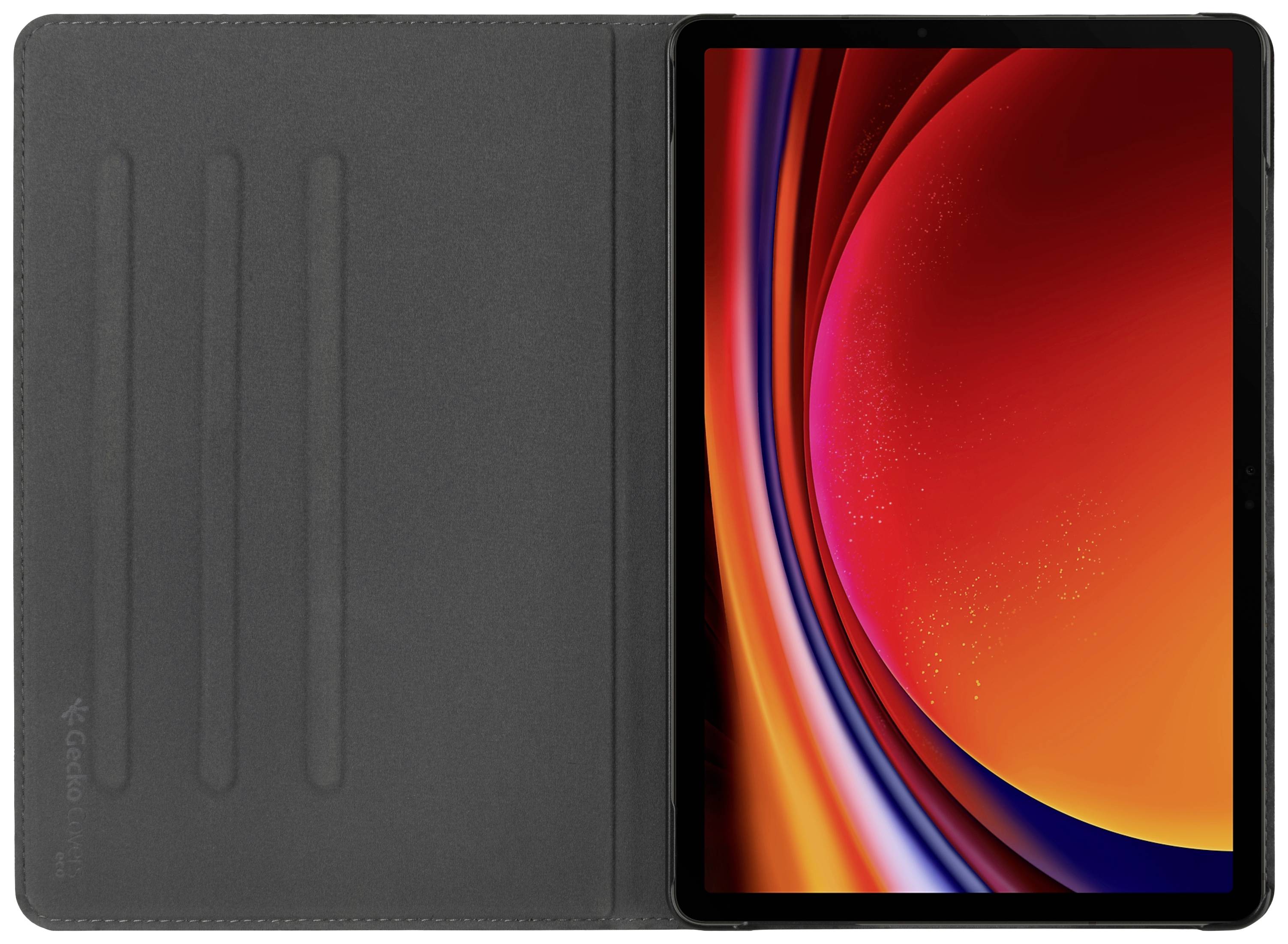 Tablet z podświetlonym, abstrakcyjnym tłem. Tablet spoczywa w otwartej osłonie, widoczna jest jego przednia strona.