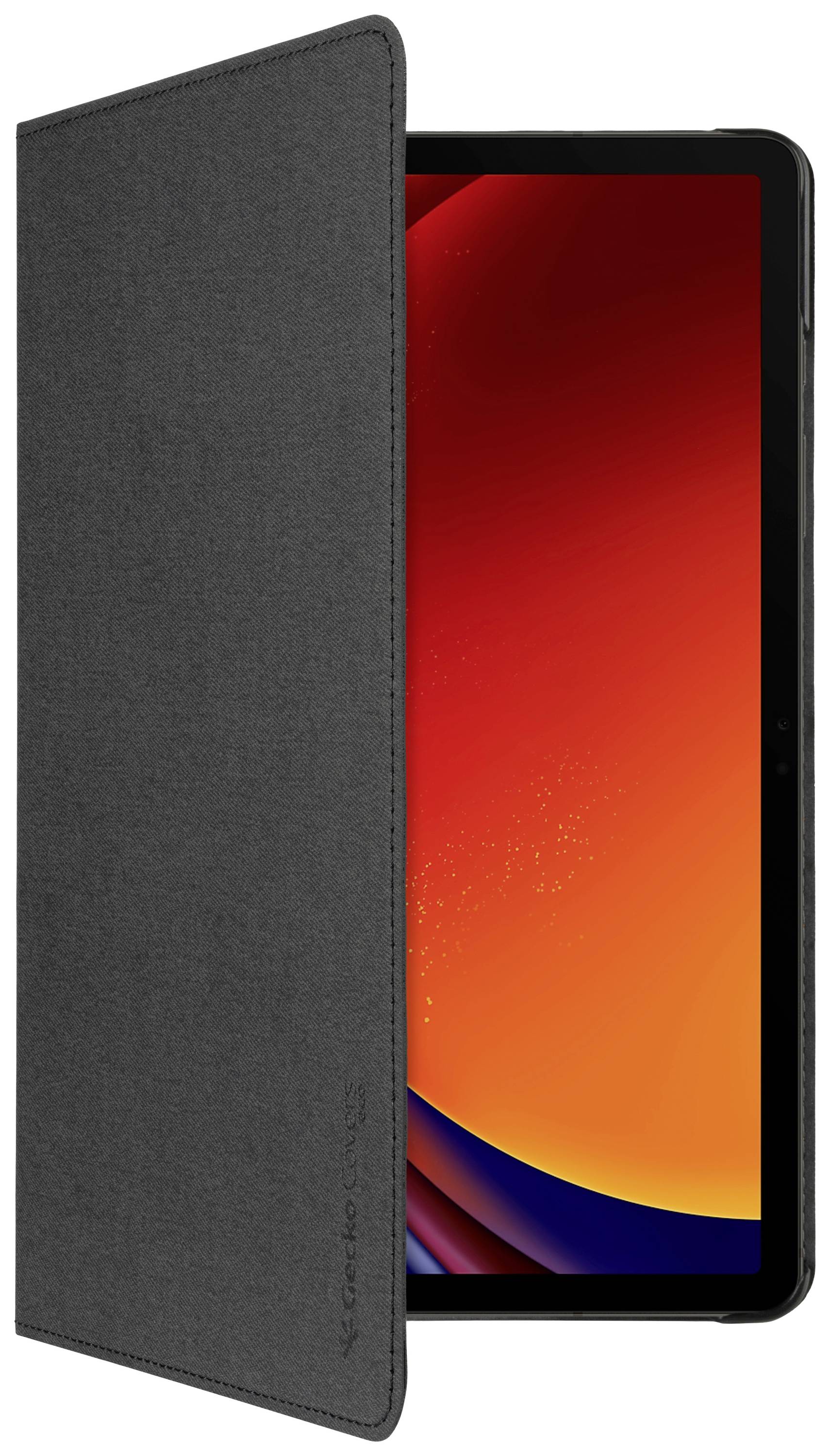 Tablet z czarną obudową ochronną jest lekko otwarte. Ekran wyświetla czerwono-pomarańczowy gradient.