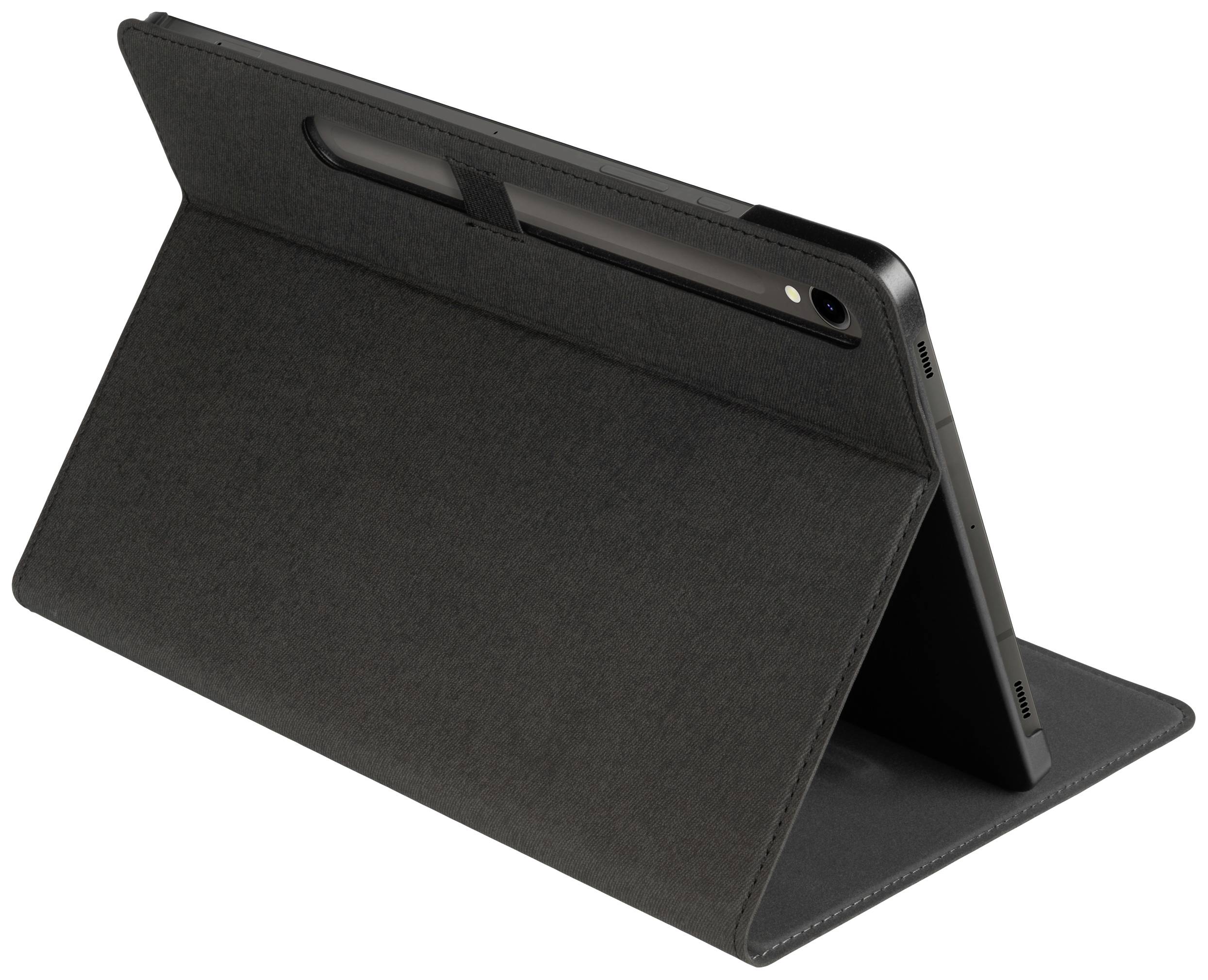 Tablet w czarnym etui leży na stole. Etui jest otwarte i służy jako podstawka, przez co urządzenie jest pochylone.