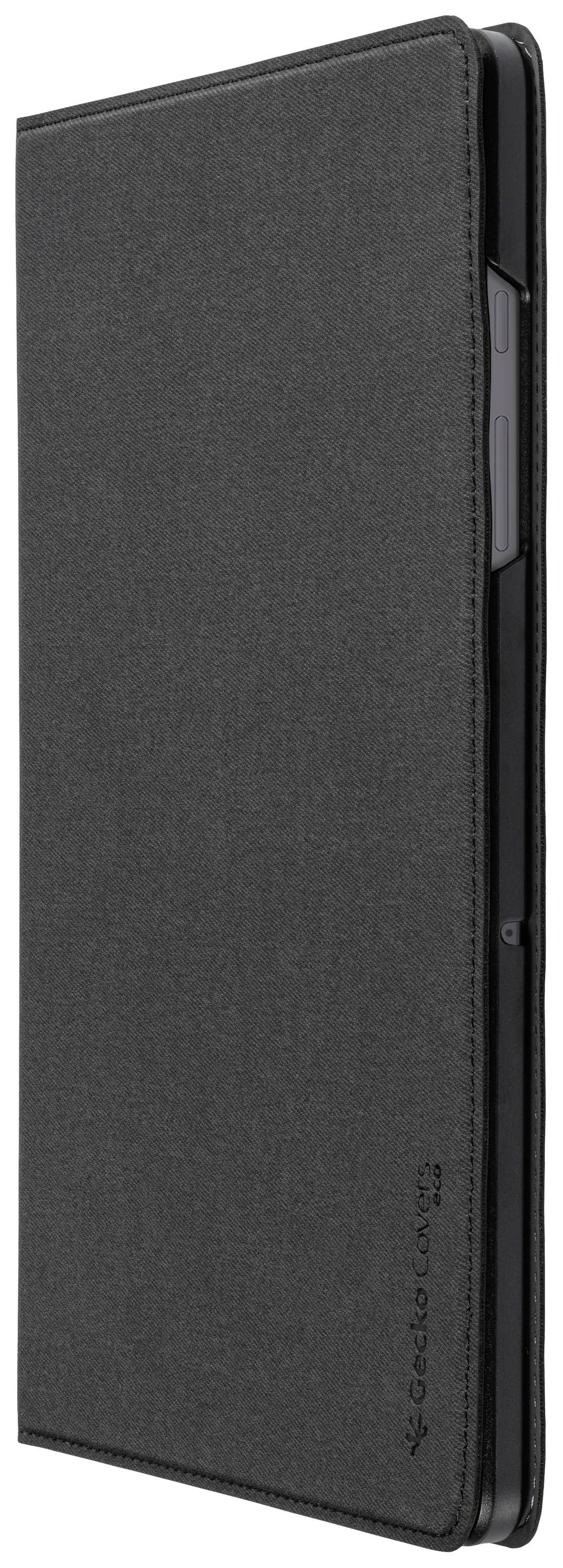 Czarna etui na tablet wykonana z tkaniny, zamknięta i stojąca, chroniąca urządzenie, o prostym designie.