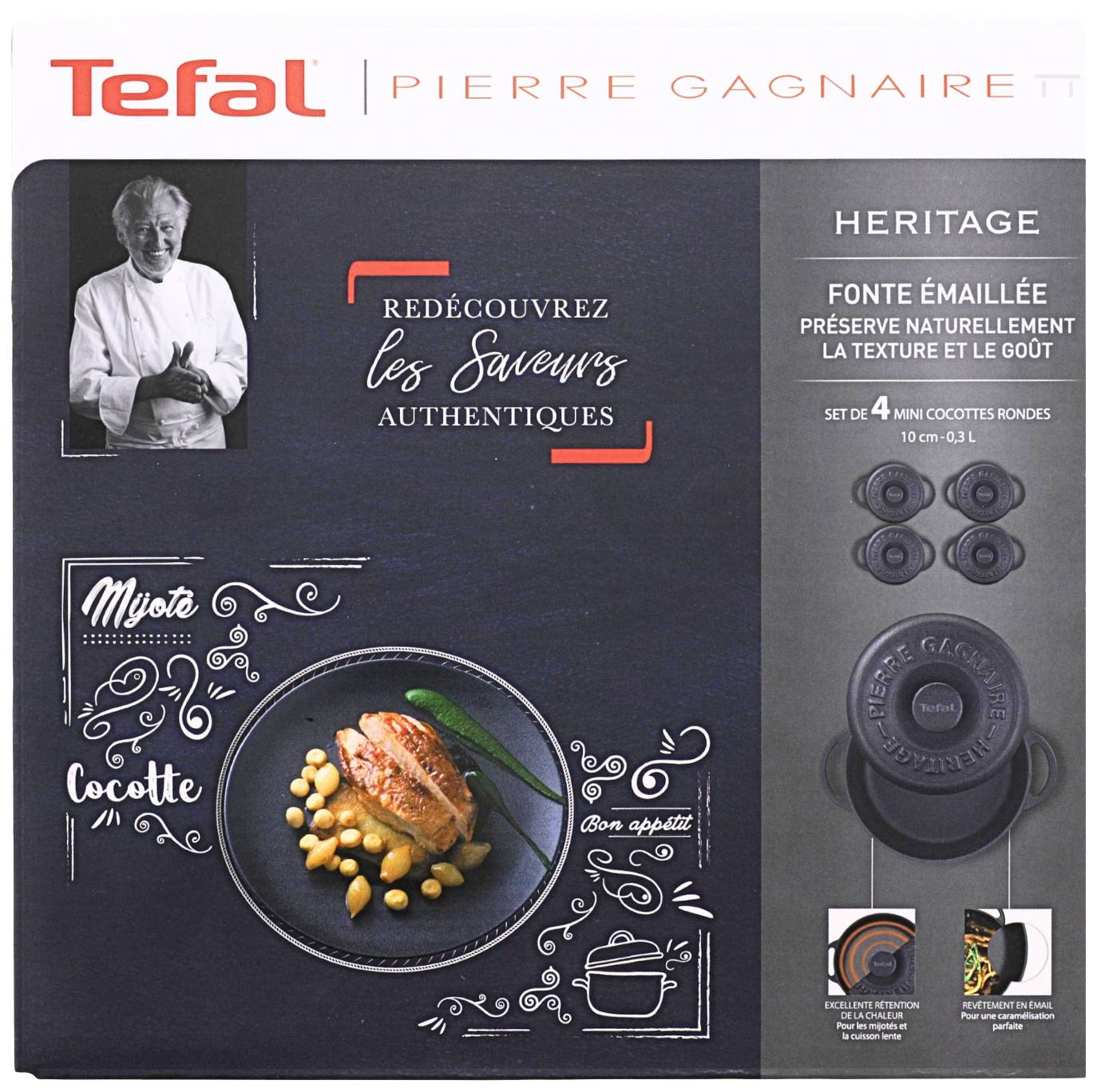 Opakowanie Tefal Heritage Mini-Cocottes. Na opakowaniu przedstawiony szef kuchni Pierre Gagnaire. Zawiera 4 okrągłe mini-cocotte wykonane z emaliowanego żeliwa.