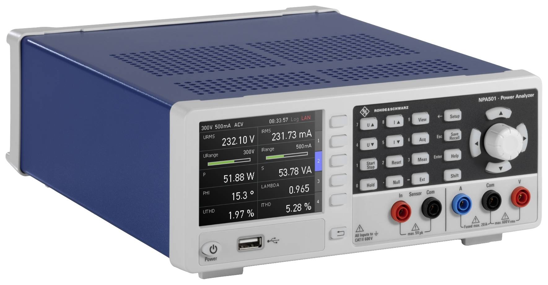 Urządzenie analizatora mocy z wyświetlaczem cyfrowym pokazuje wartości pomiarowe: napięcie 232,1V, prąd 231,7mA, moc 51,88W, sprawność 92,72%.