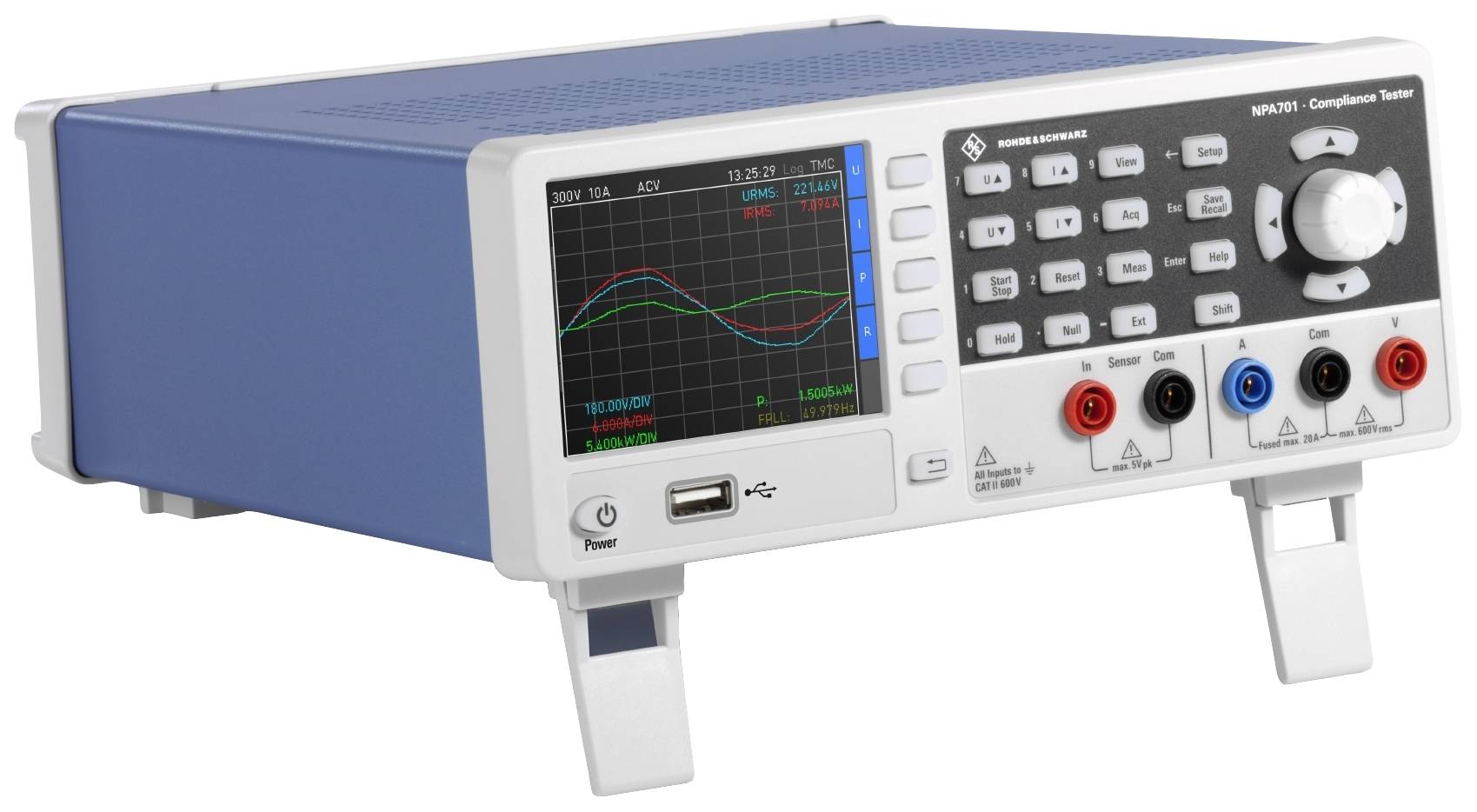 Przyrząd pomiarowy z wyświetlaczem cyfrowym pokazuje graficzne krzywe danych. Posiada wiele przycisków, złączy i wejście USB.