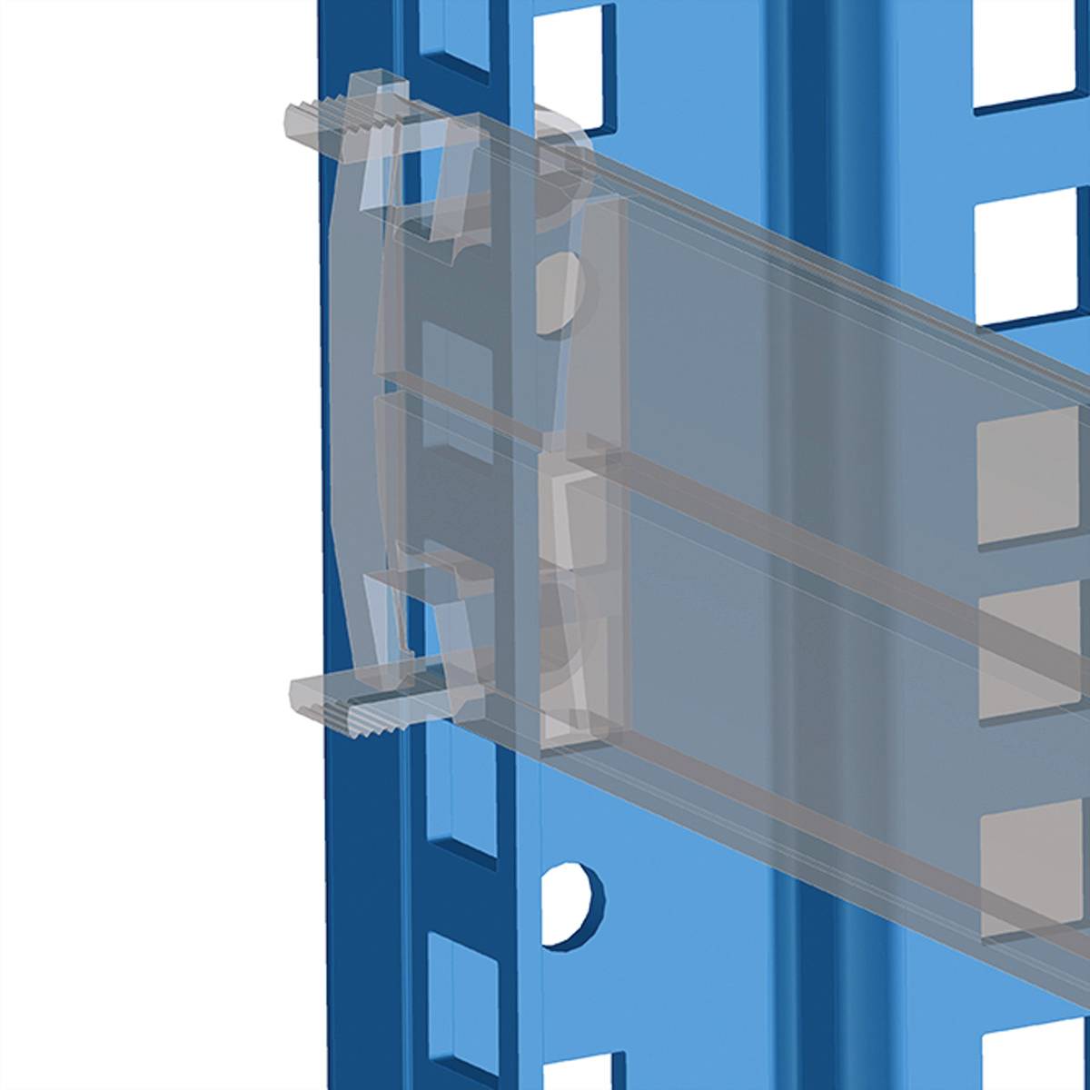 Stalowy nośnik w kolorze niebieskim z prostokątnymi wycięciami, stanowiący element systemu regałowego. Nacisk na elementy łączące.
