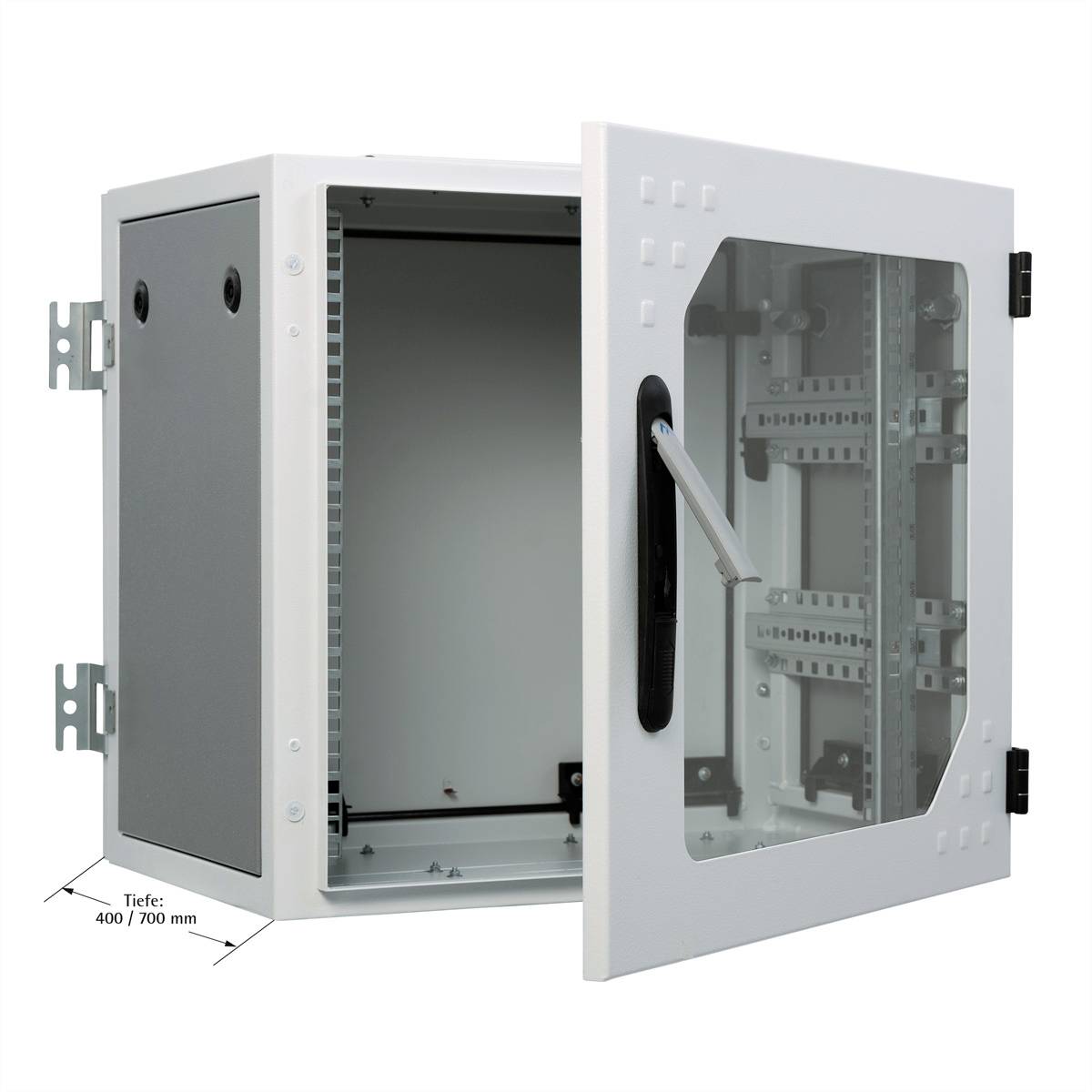 Otwarty naścienny szafka rack z drzwiami szklanymi i ramą metalową, przeznaczona do montażu wyposażenia sieciowego lub serwerowego. Wymiary: głębokość 400/700 mm.