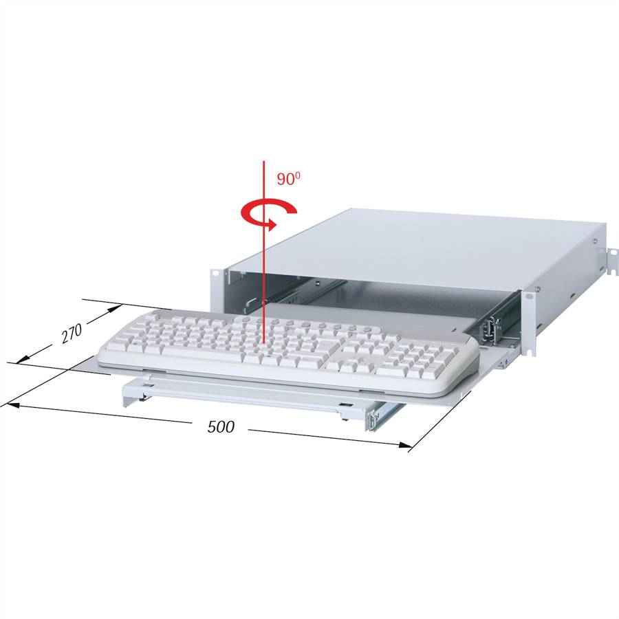 'Obraz serwera komputerowego z wysuwaną szufladą na klawiaturę. Szerokość szuflady 500 mm, głębokość 270 mm. Klawiatura obracana o 90 stopni.'