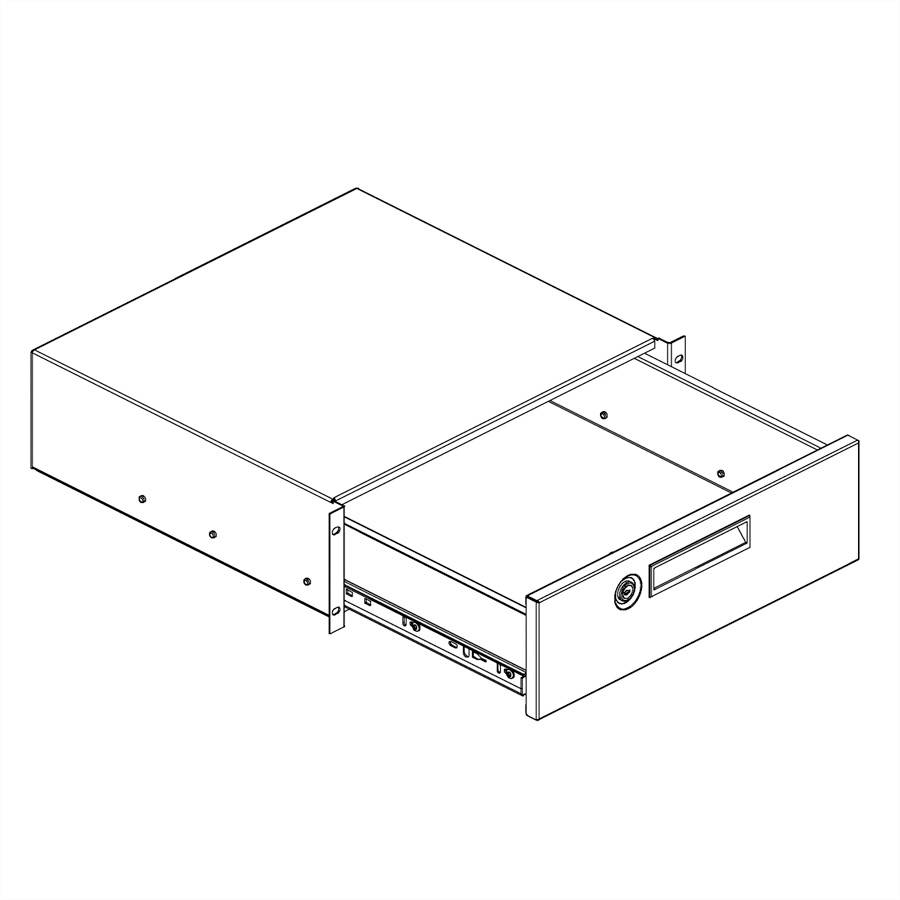 Rysunek otwartego elementu szufladowego z zamkiem na froncie, odpowiedniego do mebli zabezpieczających.
