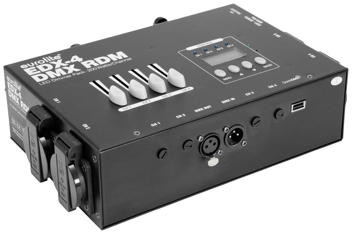 Czarny kontroler świateł Eurolite EDX-4 DMX-RDM z czterema regulatorami, wieloma złączami i małym wyświetlaczem na górnej powierzchni.