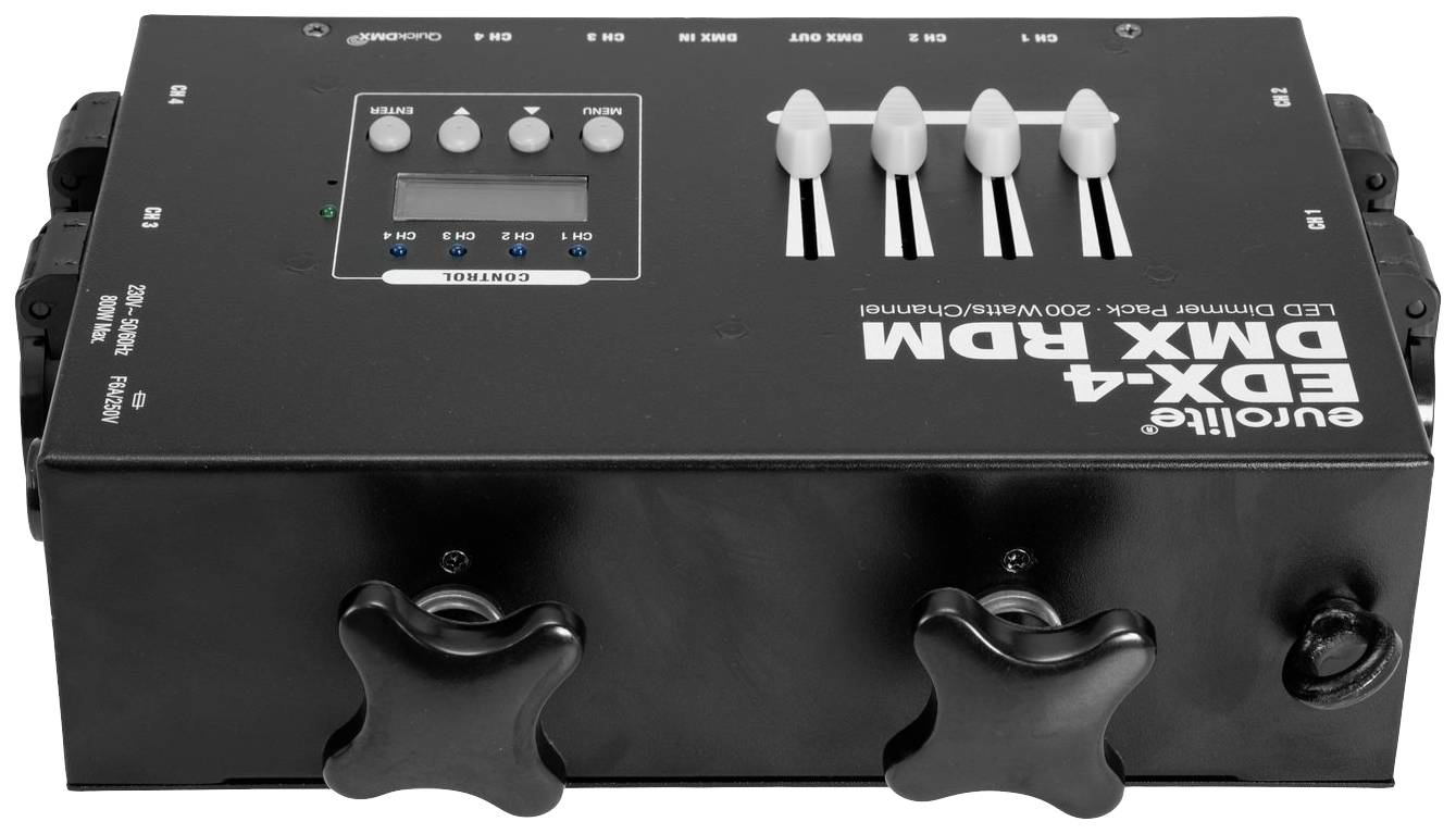 Czarne urządzenie sterujące DMX z wyświetlaczem LED, czterema suwakami i wieloma złączami z boku, model EDX-4 RDM.