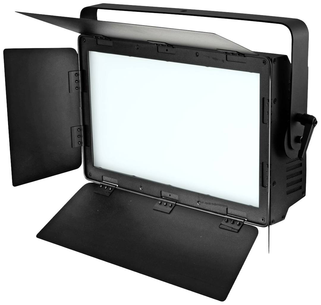 Lampa studyjna z prostokątnym, jasnym panelem świetlnym i regulowanymi klapkami maskującymi do kontroli światła. Przeznaczona do oświetlania.