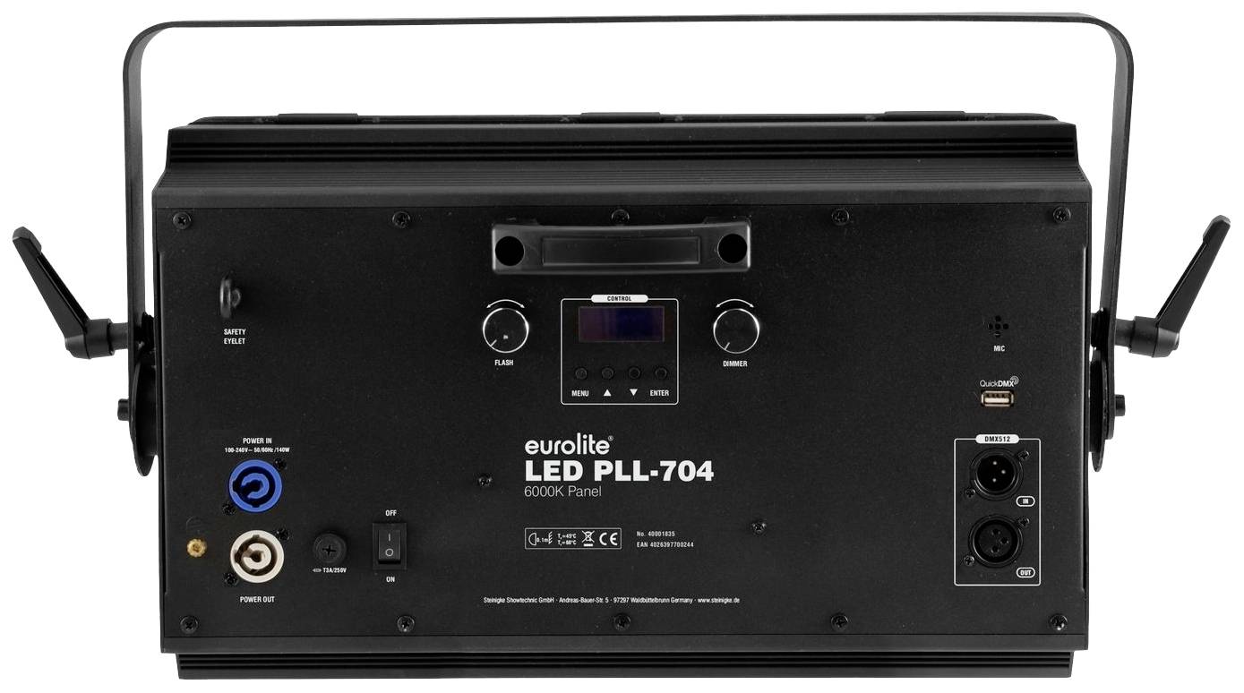 Panel LED Eurolite PLL-704, czarny, z jednostką sterującą i złączami zasilania oraz DMX; odpowiedni do oświetlenia scenicznego.