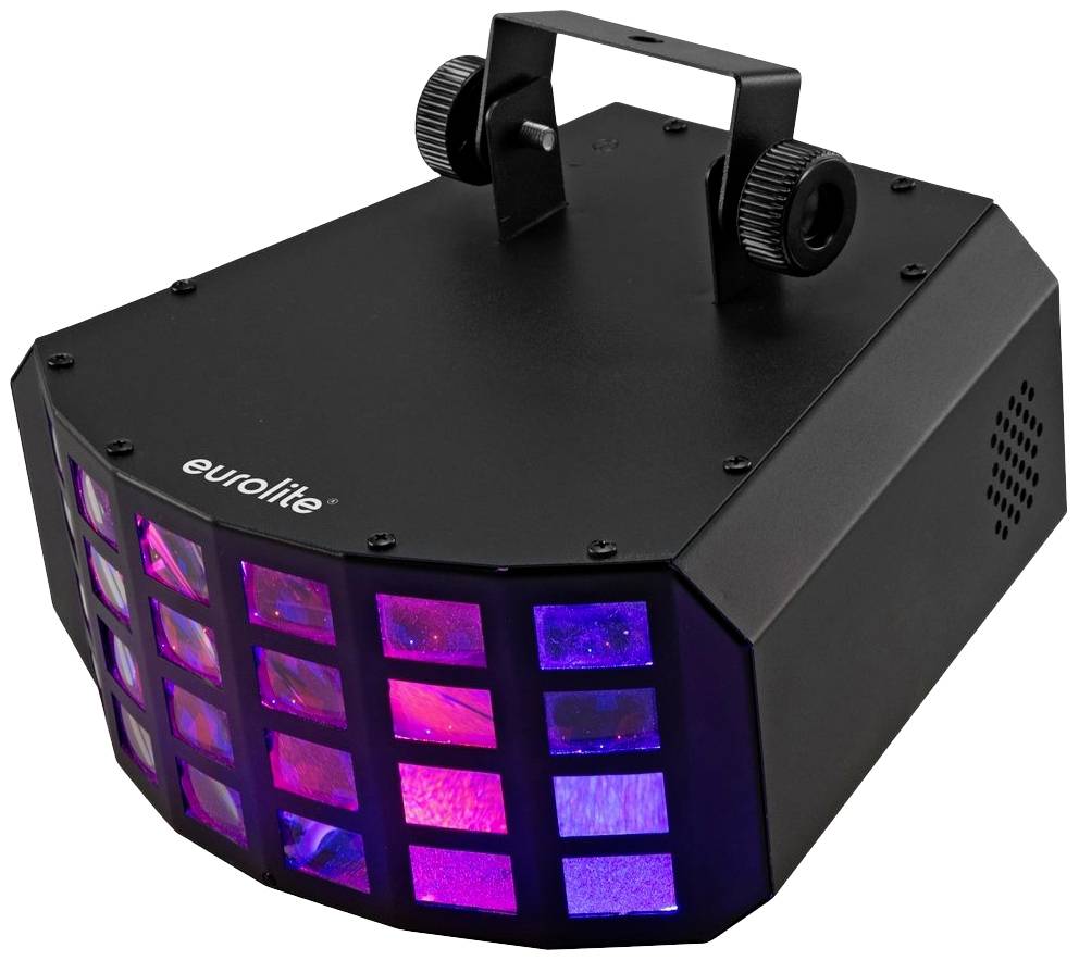 Czarne oświetlenie LED Eurolite z kolorowymi soczewkami, używane do oświetlenia scenicznego i efektów świetlnych.