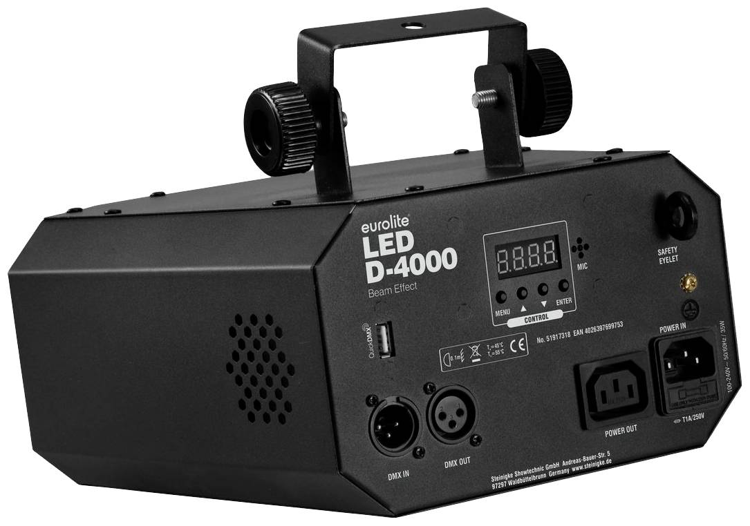 Eurolite LED D-4000 Efekt Wiązki, czarne urządzenie oświetleniowe z uchwytem. Przednia strona z gniazdami przyłączeniowymi i wyświetlaczem.