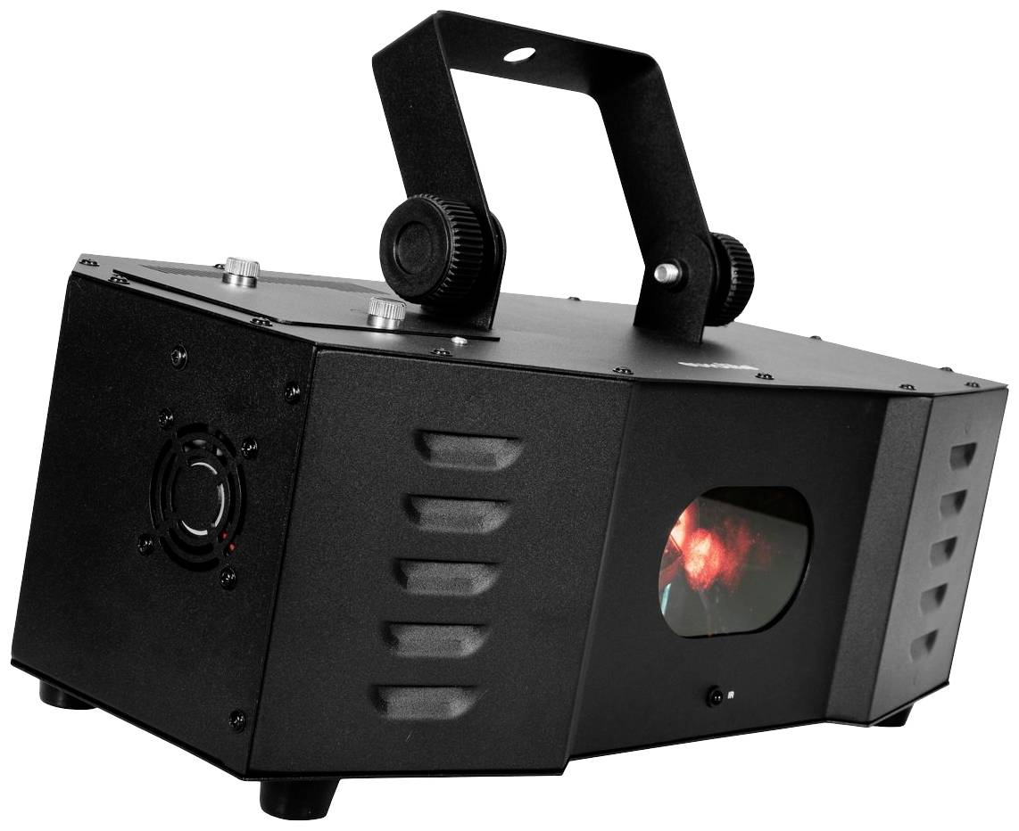 Czarny projektor efektów świetlnych z uchwytem do przenoszenia, wieloma przyciskami oraz oknem, z którego rzutowane są kolorowe światła.