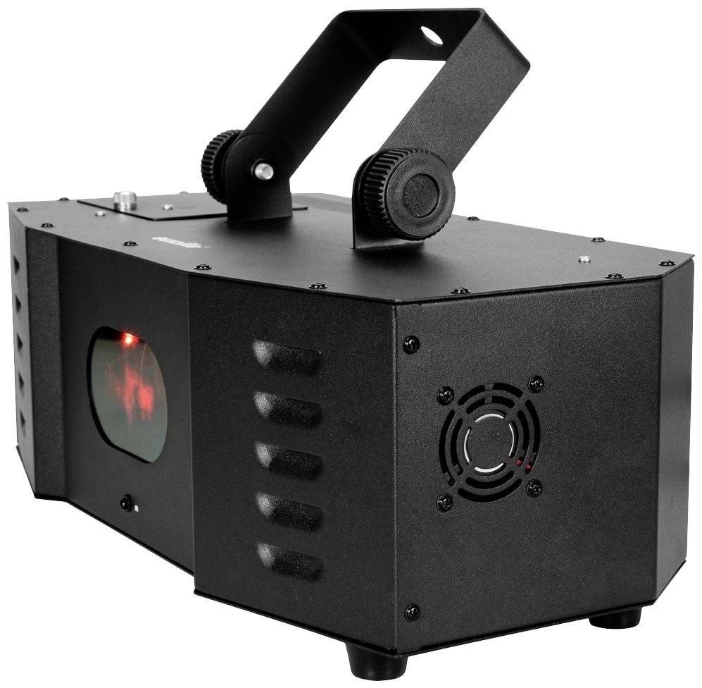 Czarny efekt świetlny LED z wyświetlaczem cyfrowym i wentylatorem z boku, odpowiedni dla techniki scenicznej i eventowej.