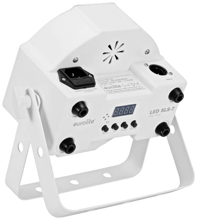 Reflektor LED z cyfrowym wyświetlaczem i wieloma złączami. Na uchwycie widnieje napis 'eurolite LED SLS-7 TCL FLOOD'.