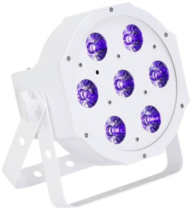 Biały reflektor LED z siedmioma niebieskimi soczewkami, możliwy do zamontowania, odpowiedni do oświetlenia scenicznego.