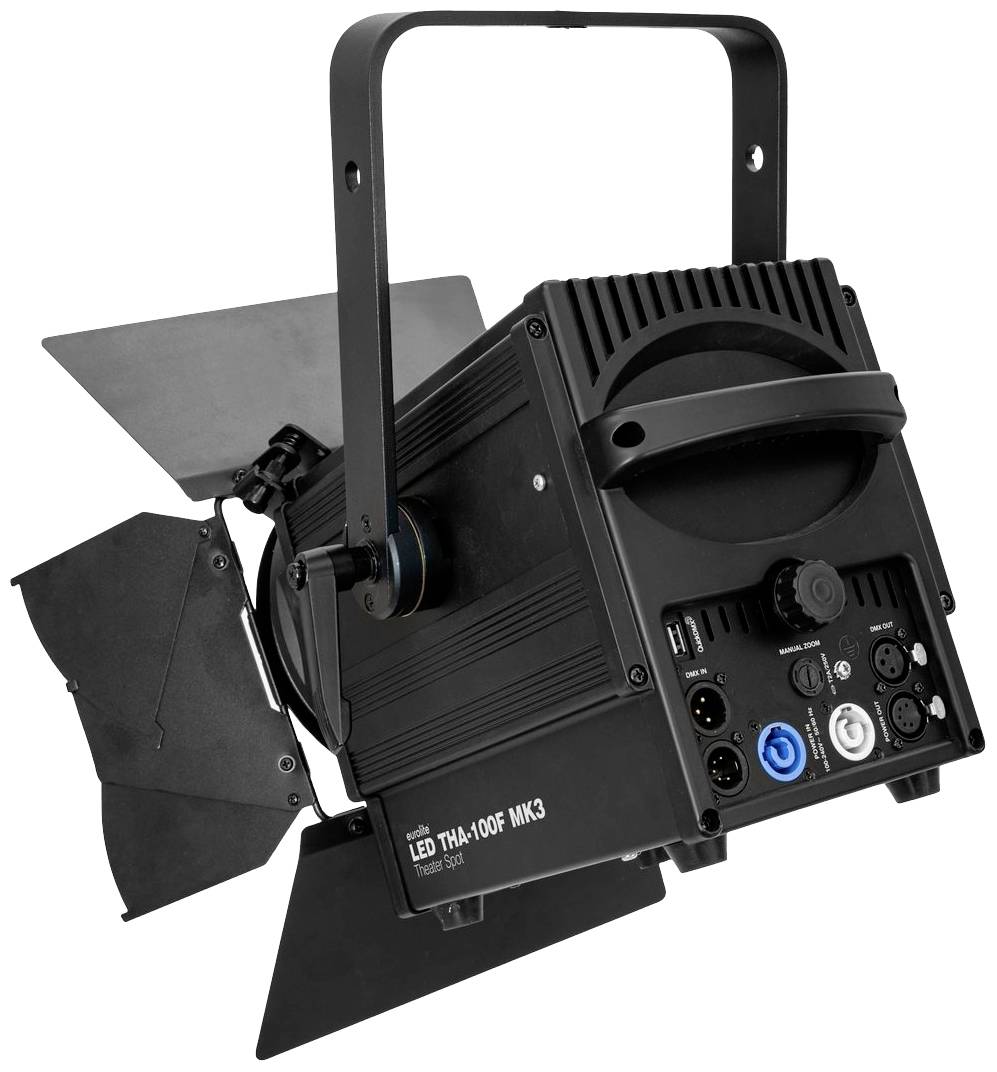 Czarna lampa LED do reflektora scenicznego z regulowanymi klapami i wieloma złączami z tyłu, przeznaczona do oświetlenia estradowego.