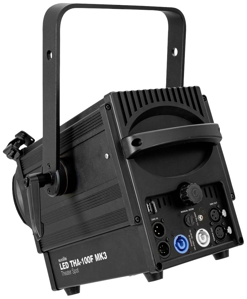 Czarny sceniczny reflektor LED z wieloma złączami i elementami sterującymi z tyłu, możliwy do zamocowania za pomocą haków.