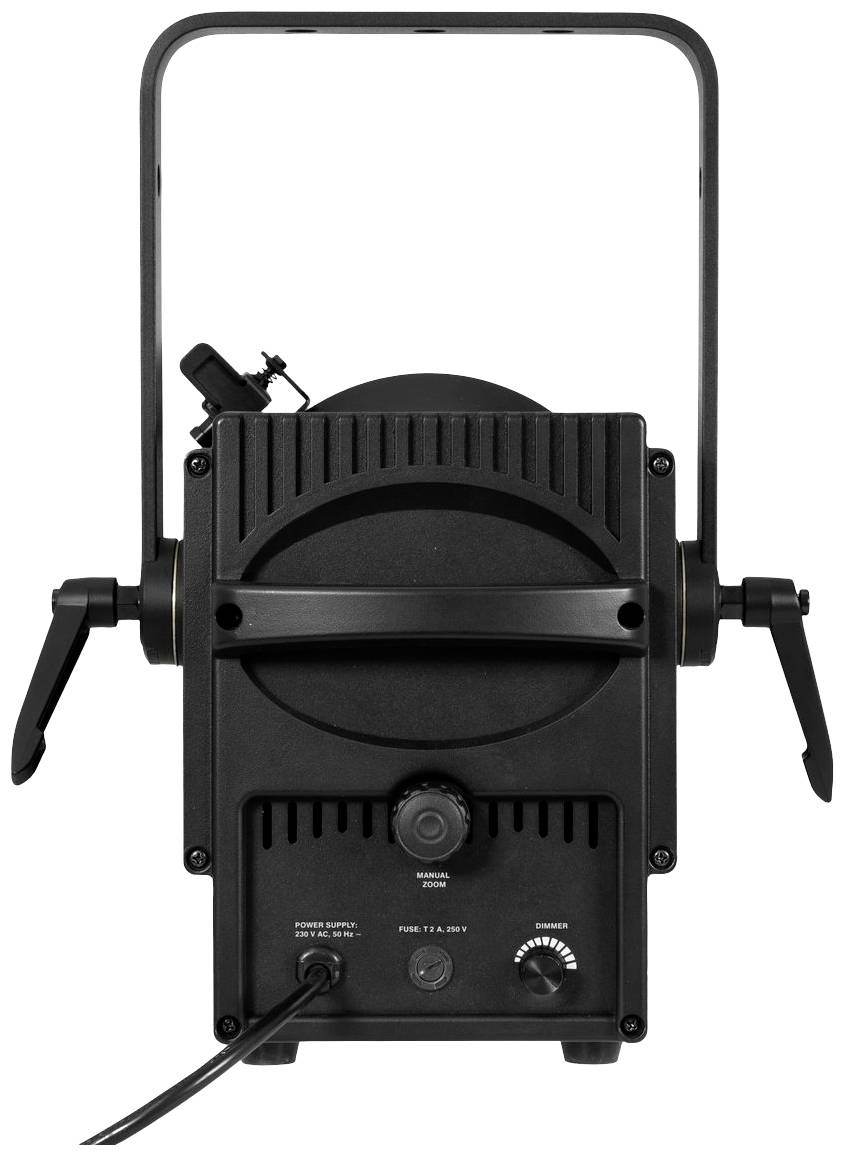 Czarne światło sceniczne z wieloma pokrętłami ustawień, zamontowanym uchwytem i przewodem zasilającym, widziane od tyłu.