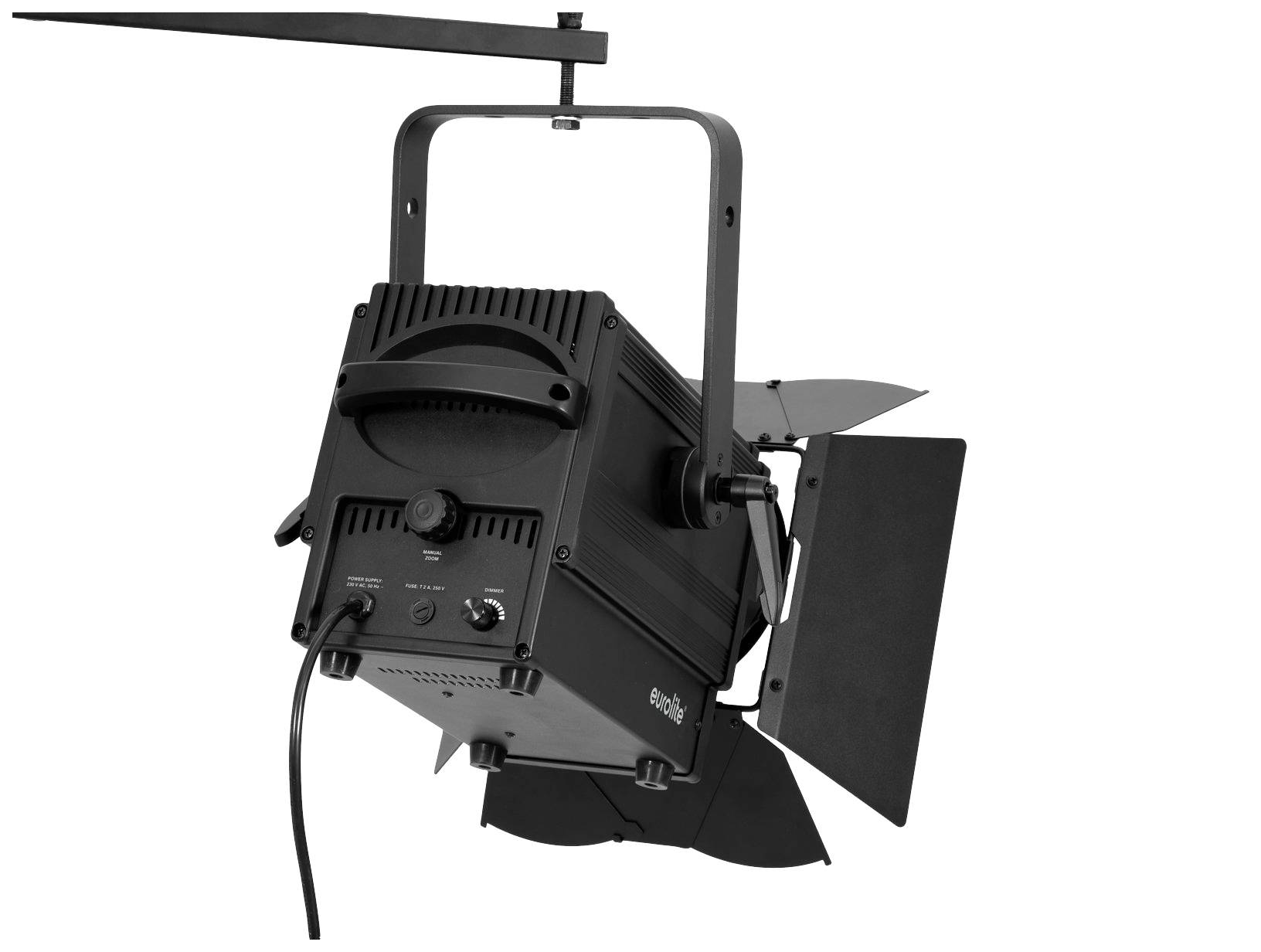 Reflektor teatralny bez światła. Mieszanka technologii Plug-and-Play i sterowania DMX. Wyraźnie widoczne kontury obudowy i przewody przyłączeniowe.