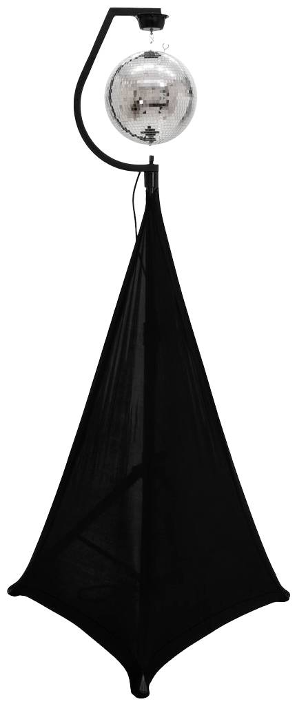 Kula dyskotekowa z lustrzaną powierzchnią jest zamontowana na czarnym stojaku, który u dołu jest pokryty czarną tkaniną.
