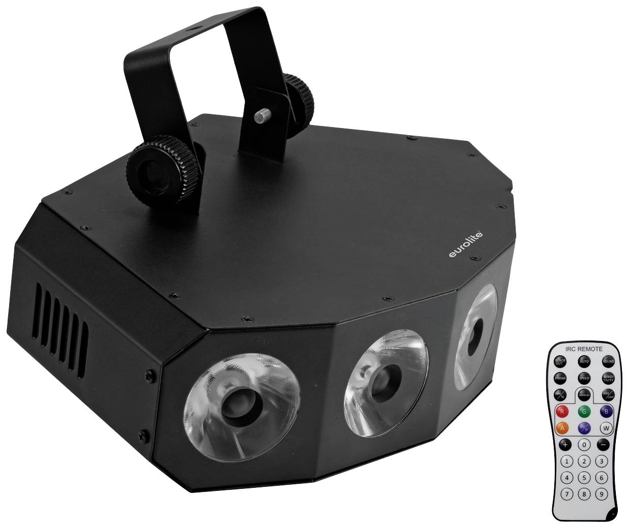 Czarne, ośmiokątne urządzenie oświetleniowe DJ-a z dwoma dużymi soczewkami; obok niego pilot zdalnego sterowania z wieloma kolorowymi przyciskami.