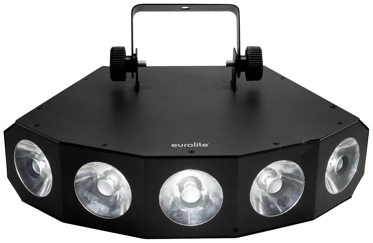 Czarne urządzenie LED z efektami świetlnymi z pięcioma świecącymi soczewkami, odpowiednie do oświetlenia scenicznego lub imprezowego. Nazwa marki na powierzchni.