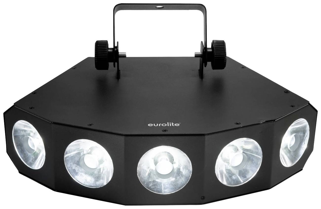 Czarne urządzenie LED z pięcioma okrągłymi soczewkami emituje jasne światło. Posiada uchwyt ułatwiający zamocowanie.